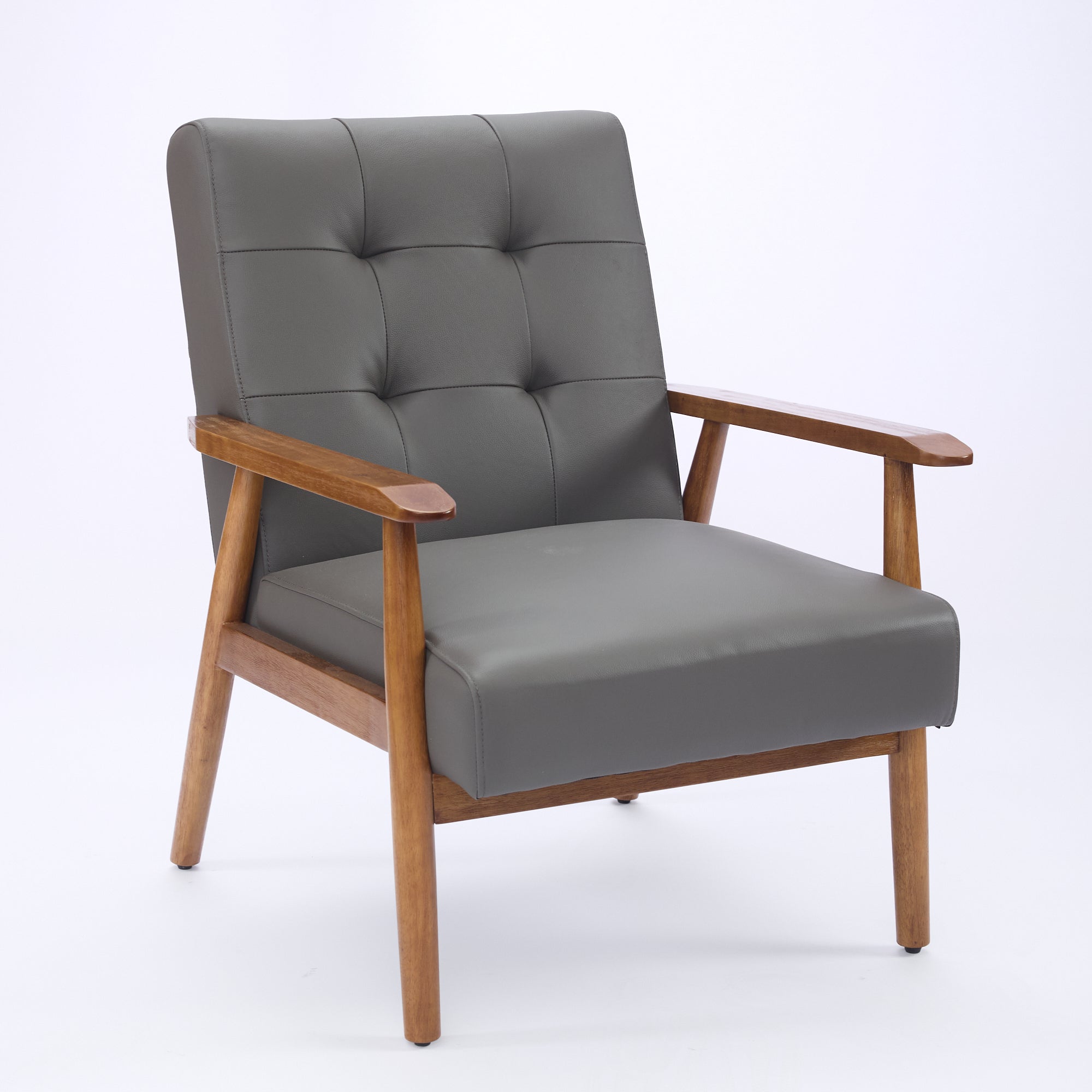 Logidon grijze fauteuil van echt leer met armleuningen van notenhout