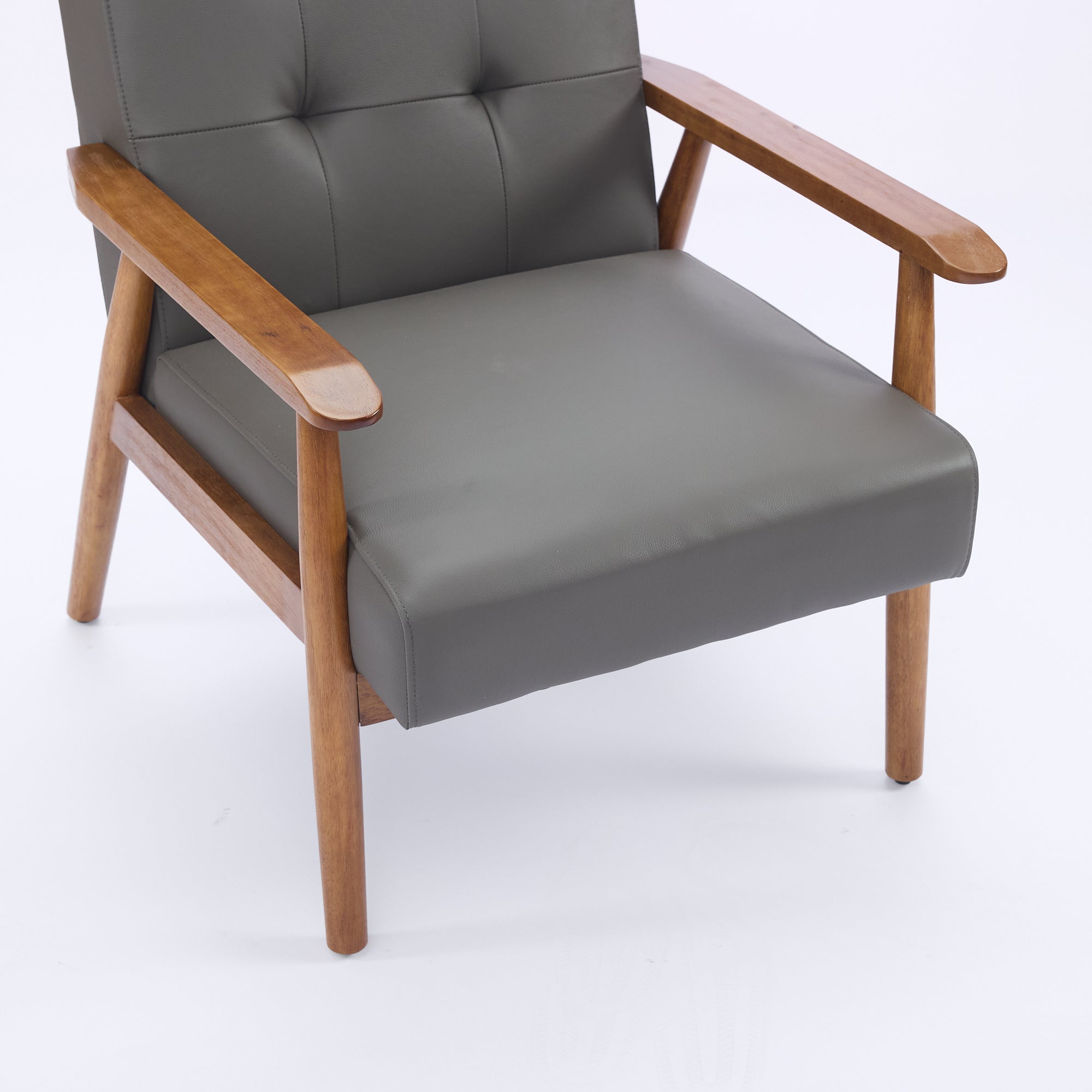Logidon grijze fauteuil van echt leer met armleuningen van notenhout