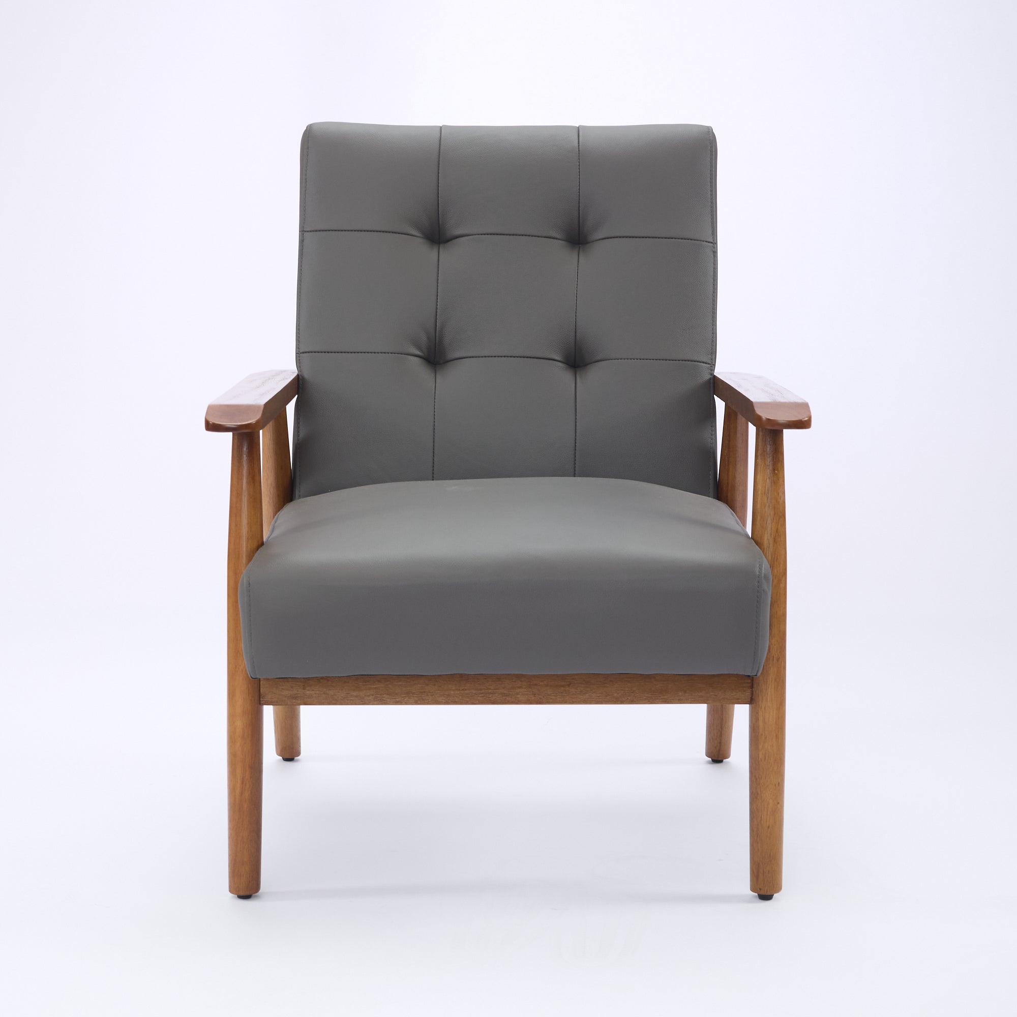 Logidon grijze fauteuil van echt leer met armleuningen van notenhout