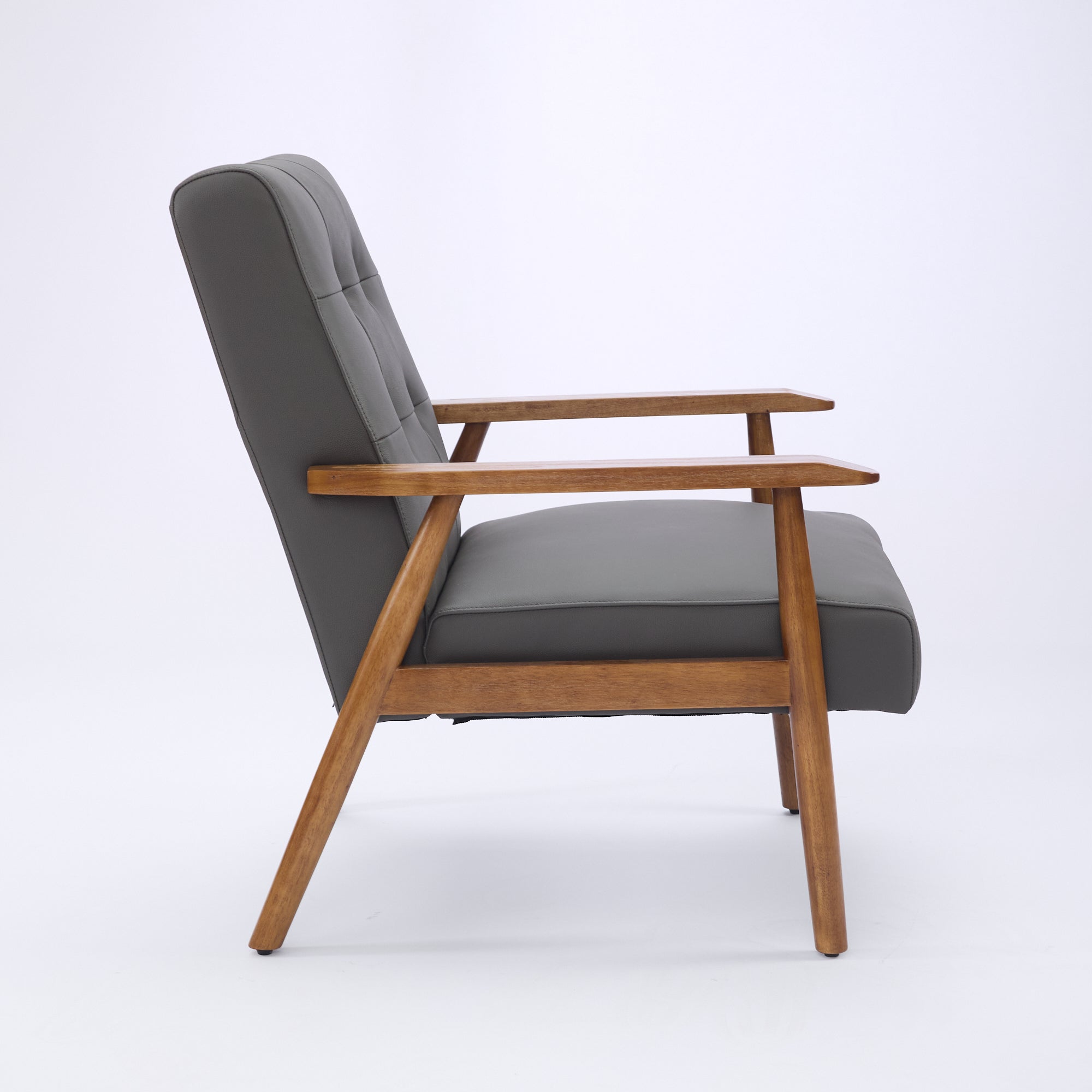 Logidon grijze fauteuil van echt leer met armleuningen van notenhout