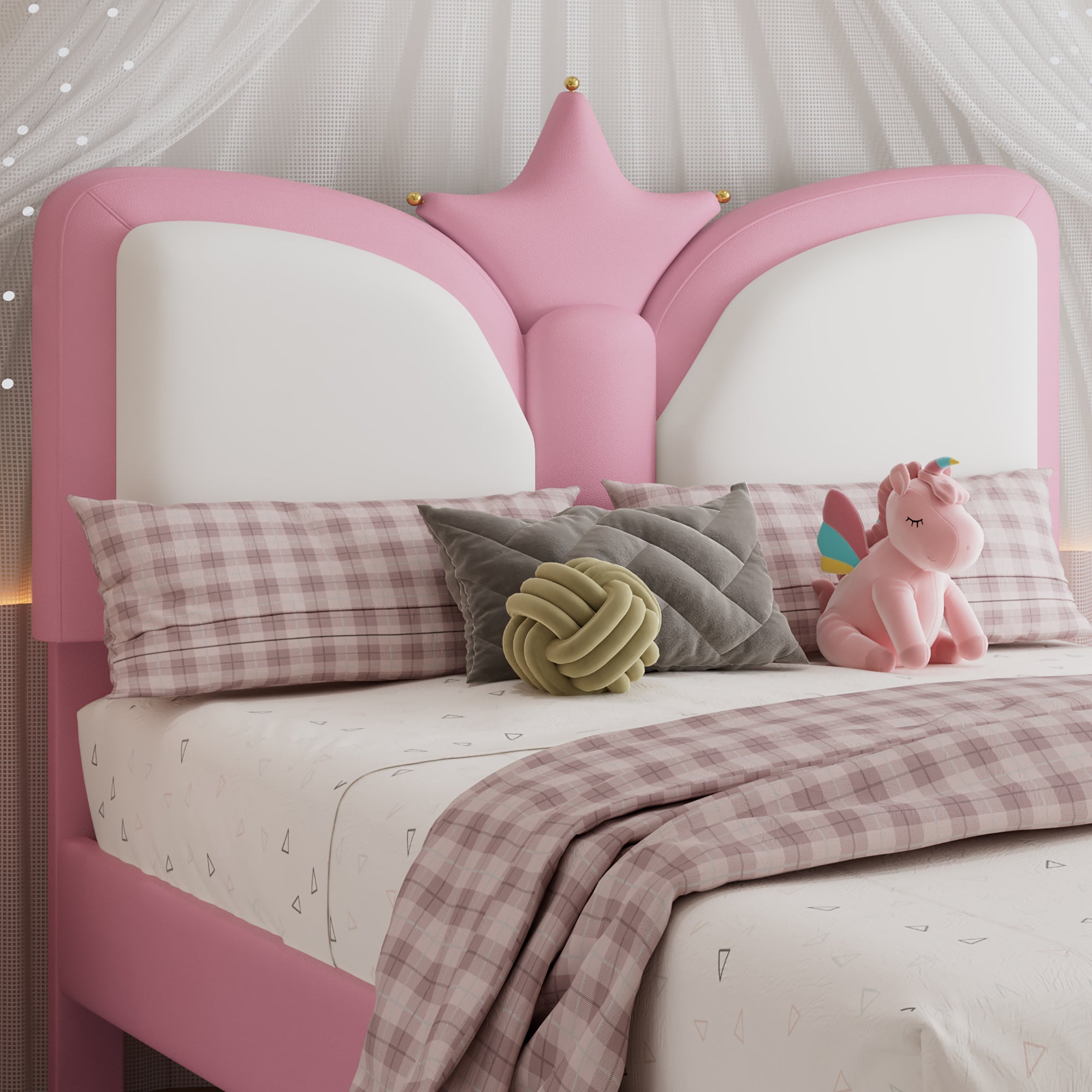 Logidon gestoffeerd bed 90x200cm roze wit kroonvormig hoofdeinde