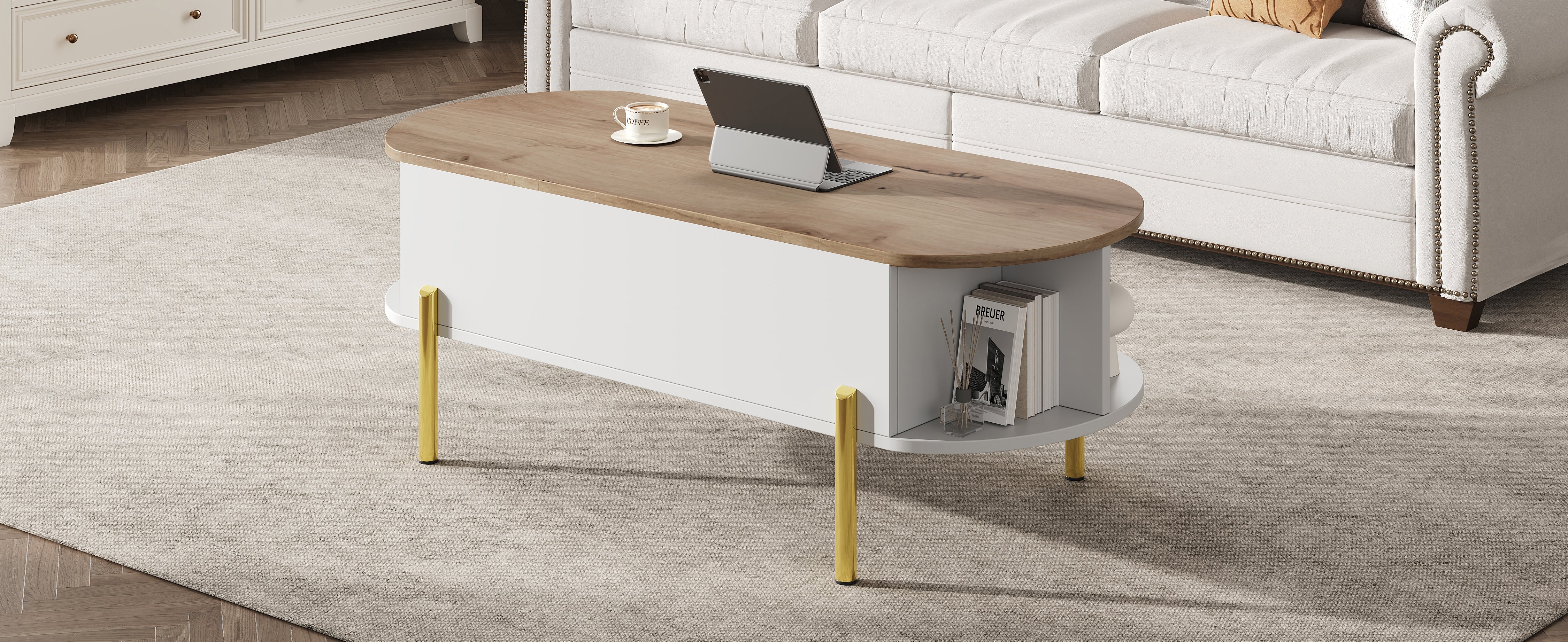 Logidon Verstelbare Salontafel 120x50x43 cm Met Opbergruimte Wit Hout