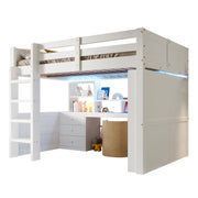 Logidon hoogslaper, 140x200cm, met LED verlichting, kledingkast, bureau, lades, opbergvakken, zonder matras, wit