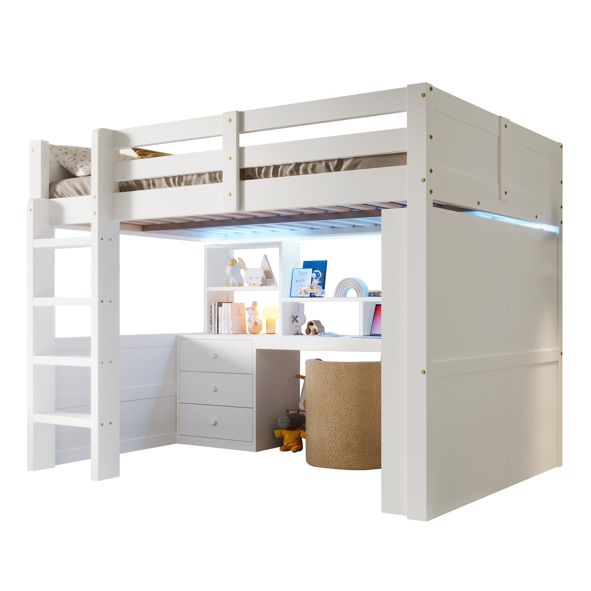 Logidon hoogslaper, 140x200cm, met LED verlichting, kledingkast, bureau, lades, opbergvakken, zonder matras, wit