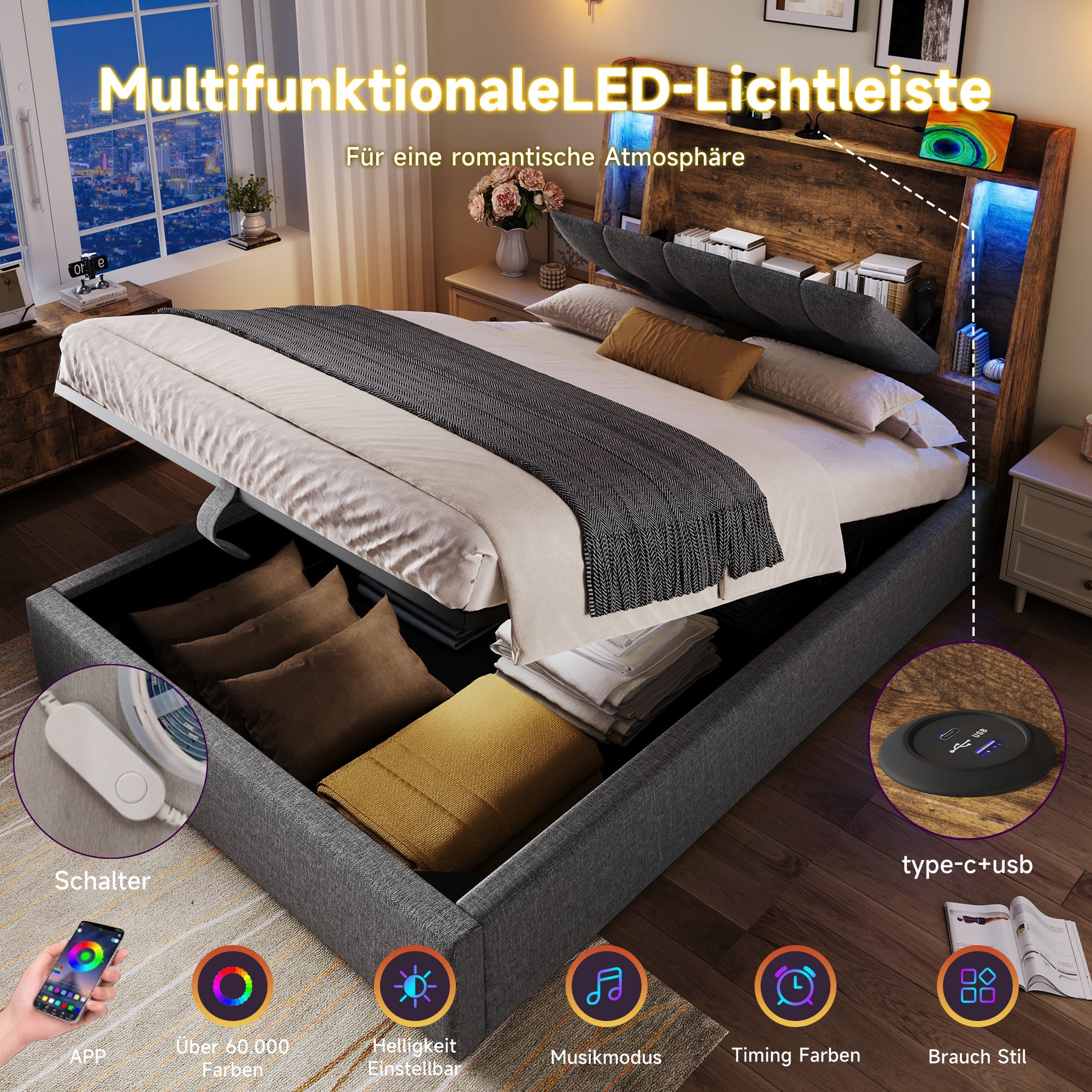 Logidon gestoffeerd bed 90x200 grijs met USB TypeC oplaadfunctie