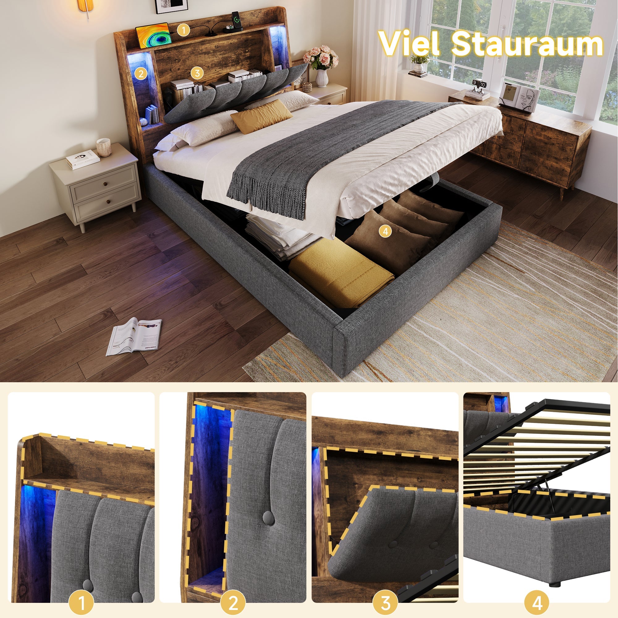 Logidon gestoffeerd bed 90x200 grijs met USB TypeC oplaadfunctie