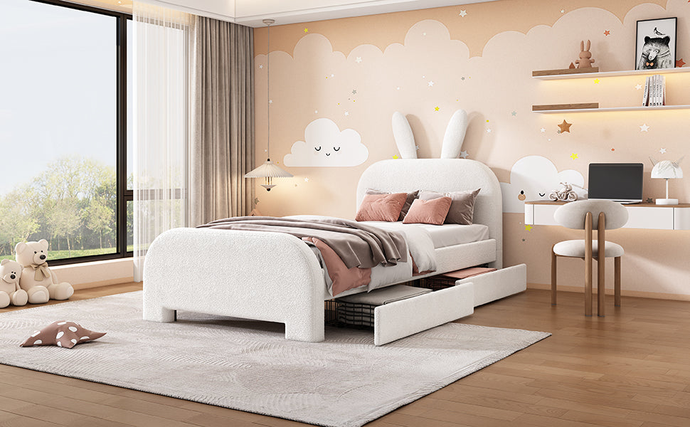 Logidon Flat Bed 90x200 cm Rabbit Shape White With 2 Drawers