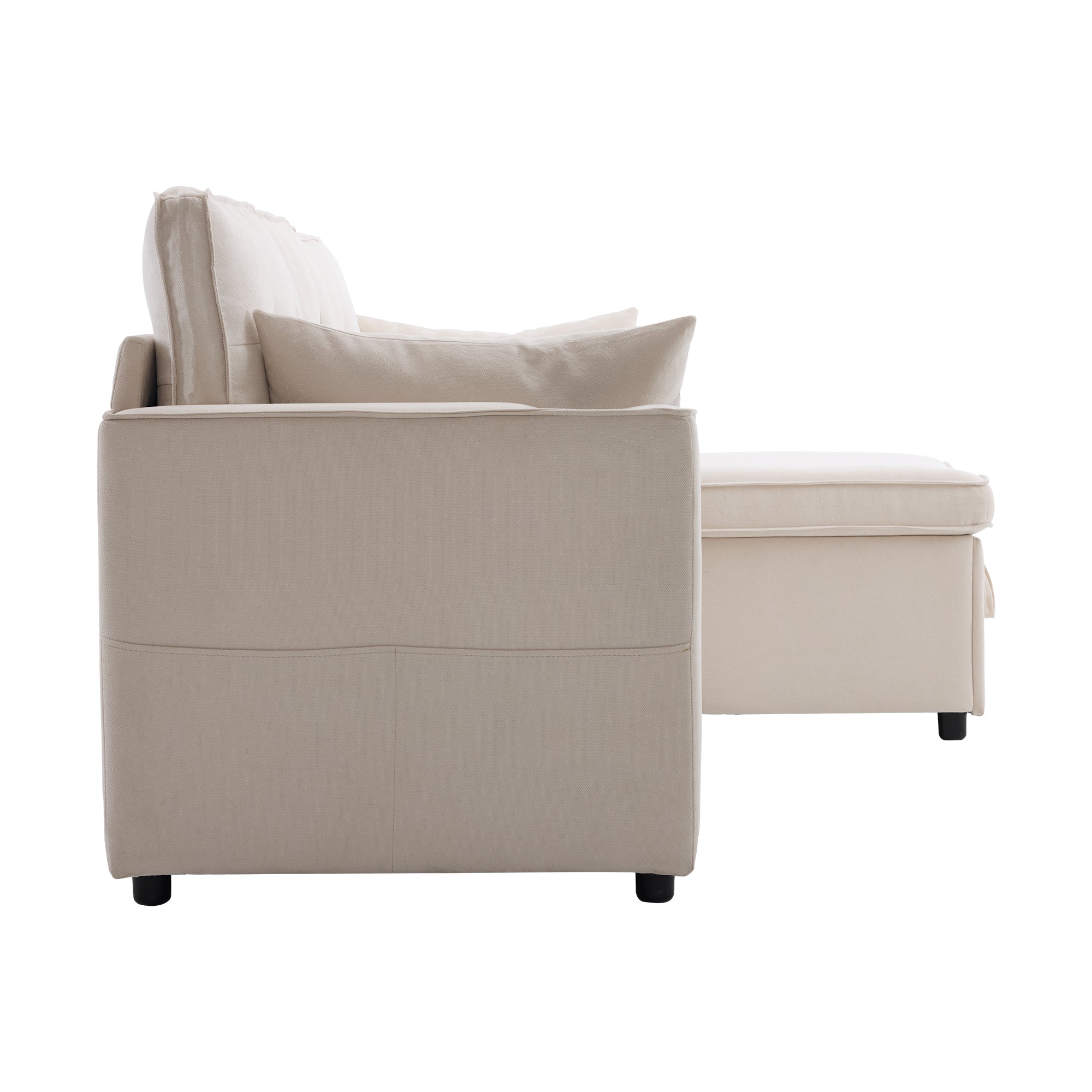 Logidon slaapbank L-vorm beige stof met opbergruimte en bekerhouder