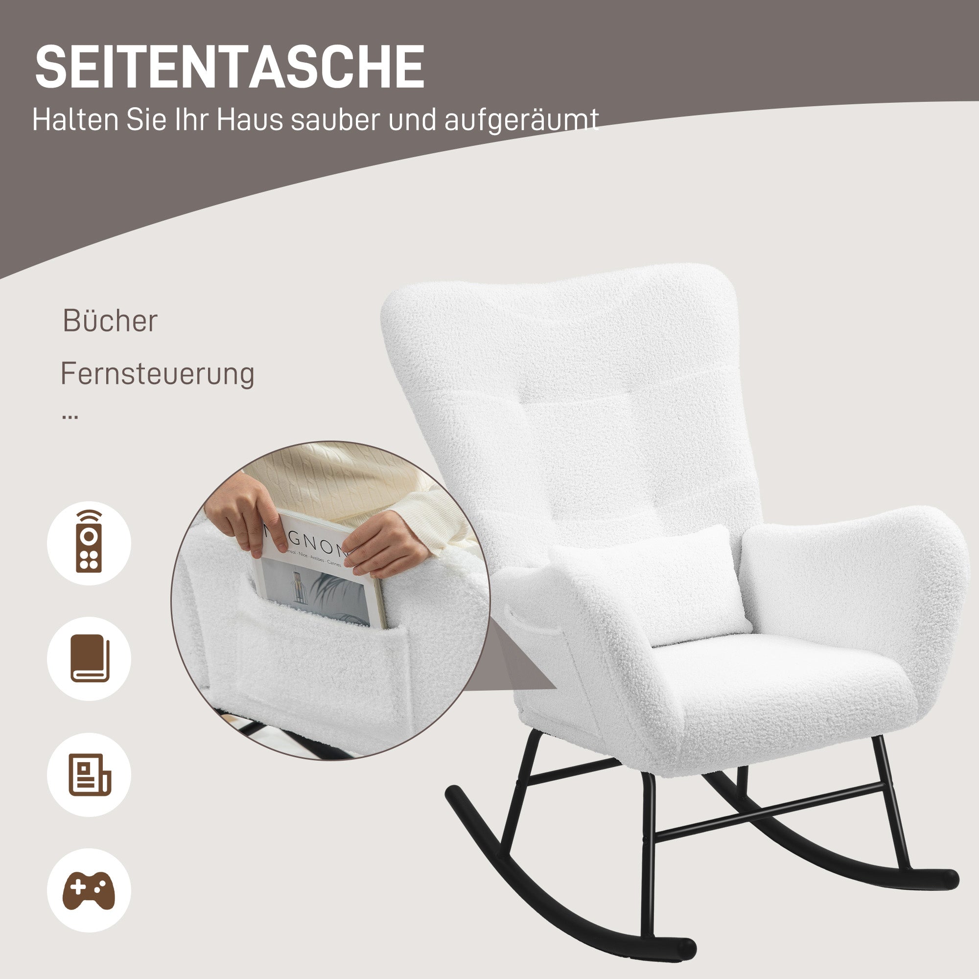 Logidon schommelstoel teddystof wit fluweel - relaxstoel 95x67 cm
