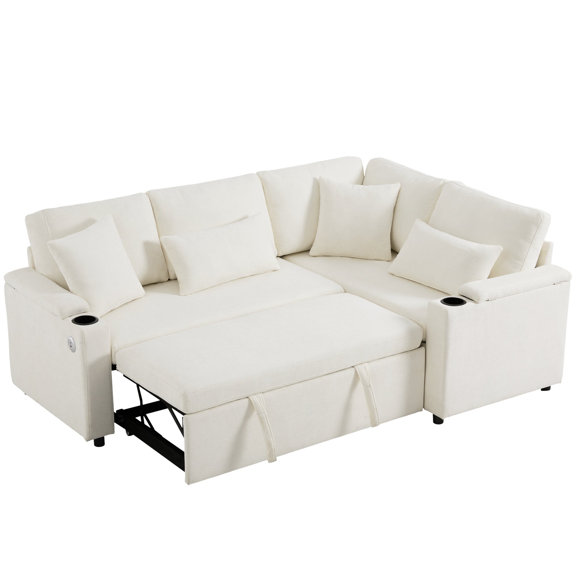 Logidon L-vorm hoekbank beige slaapbank opbergruimte USB-oplaadpoort