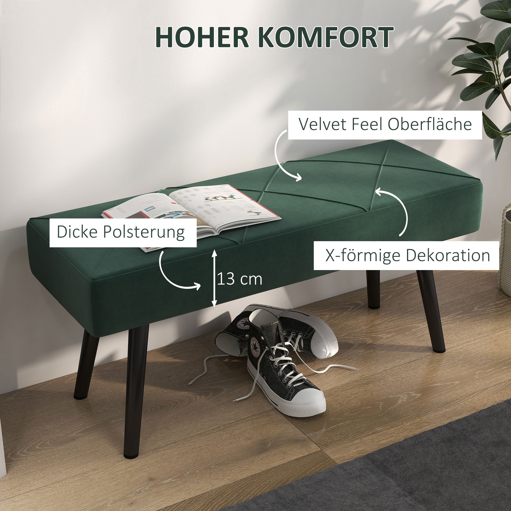 Logidon gestoffeerde bank fluweellook groen 100x36x45 cm tot 120 kg