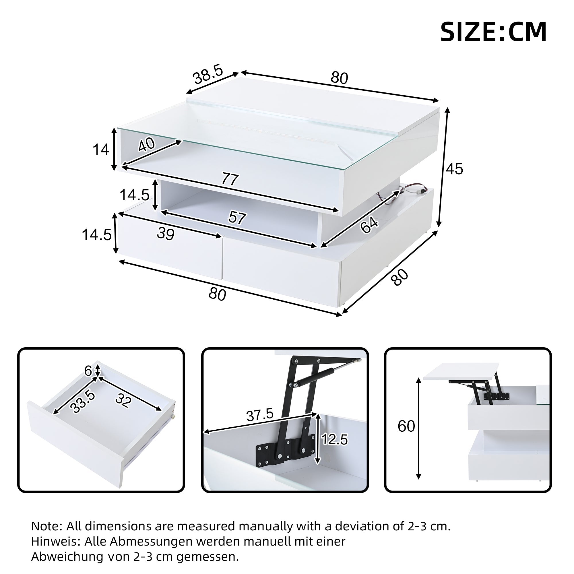Logidon In hoogte verstelbare salontafel 80x80 cm witte LED opbergruimte