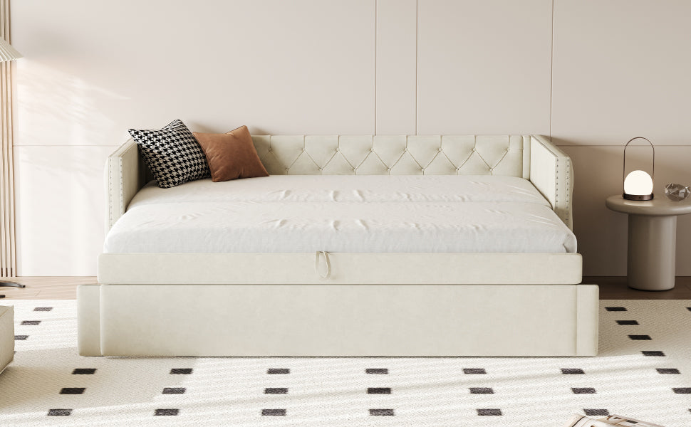 Logidon gestoffeerd bed slaapbank 90x200 beige fluwelen lattenbodem