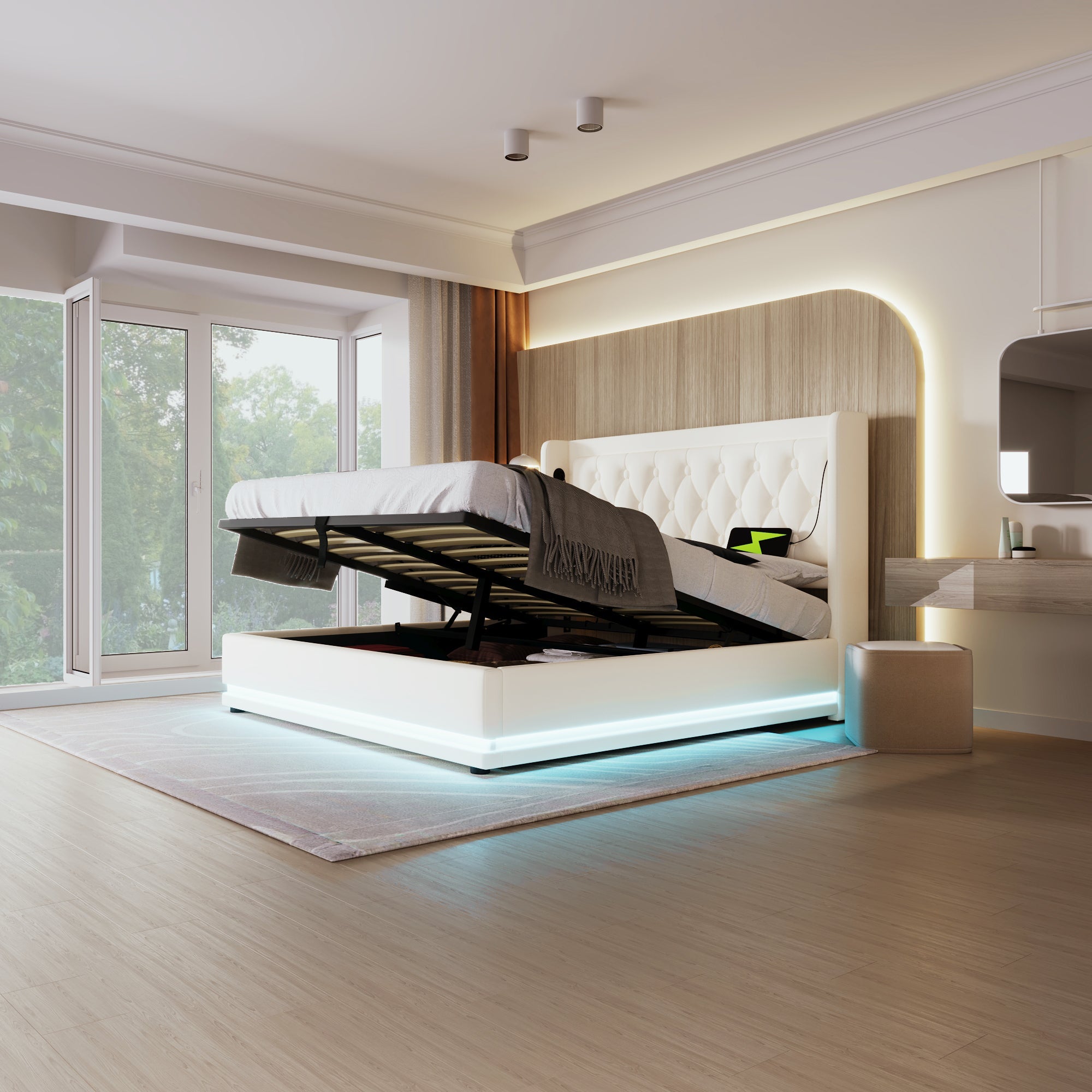Logidon upholstered bed 160x200 cm white PU with USB C charging function storage space