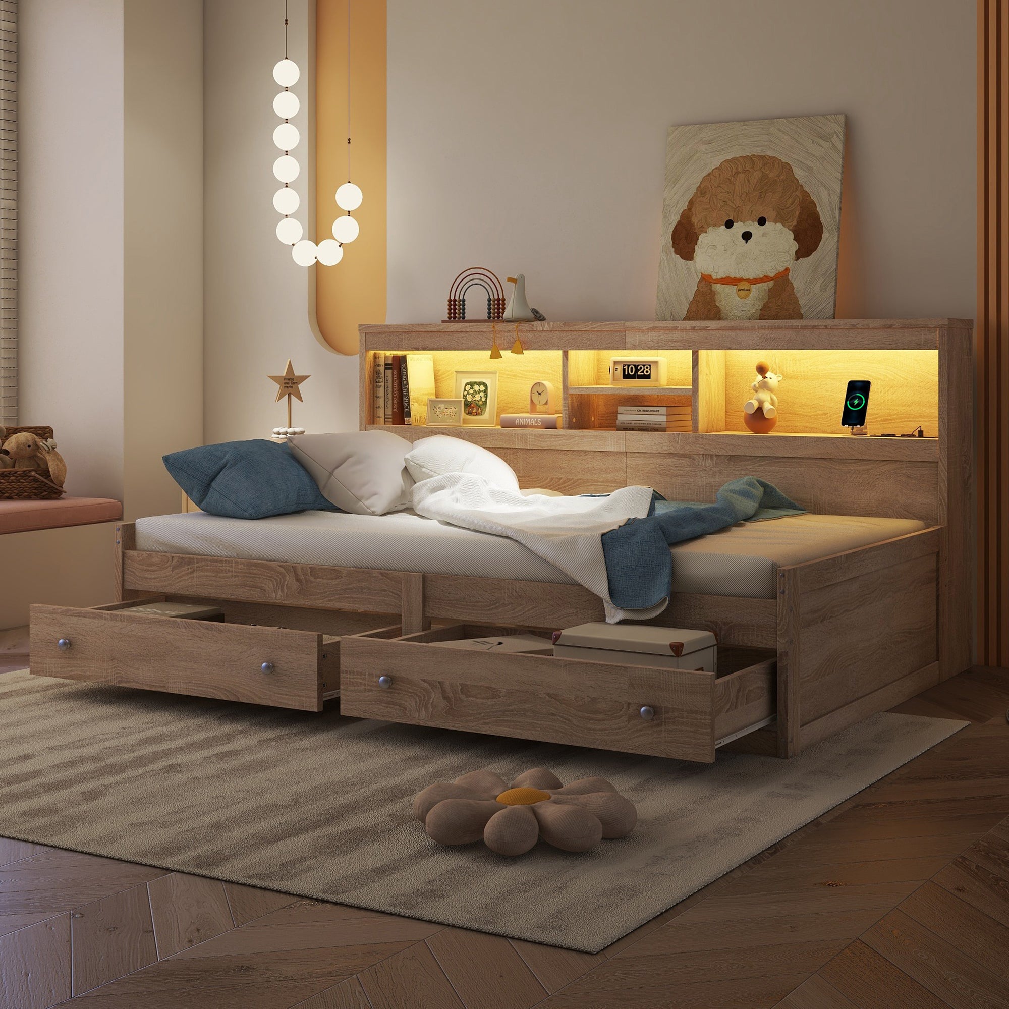 Logidon Daybed 90x200cm slaapbank met sfeerverlichting USB naturel