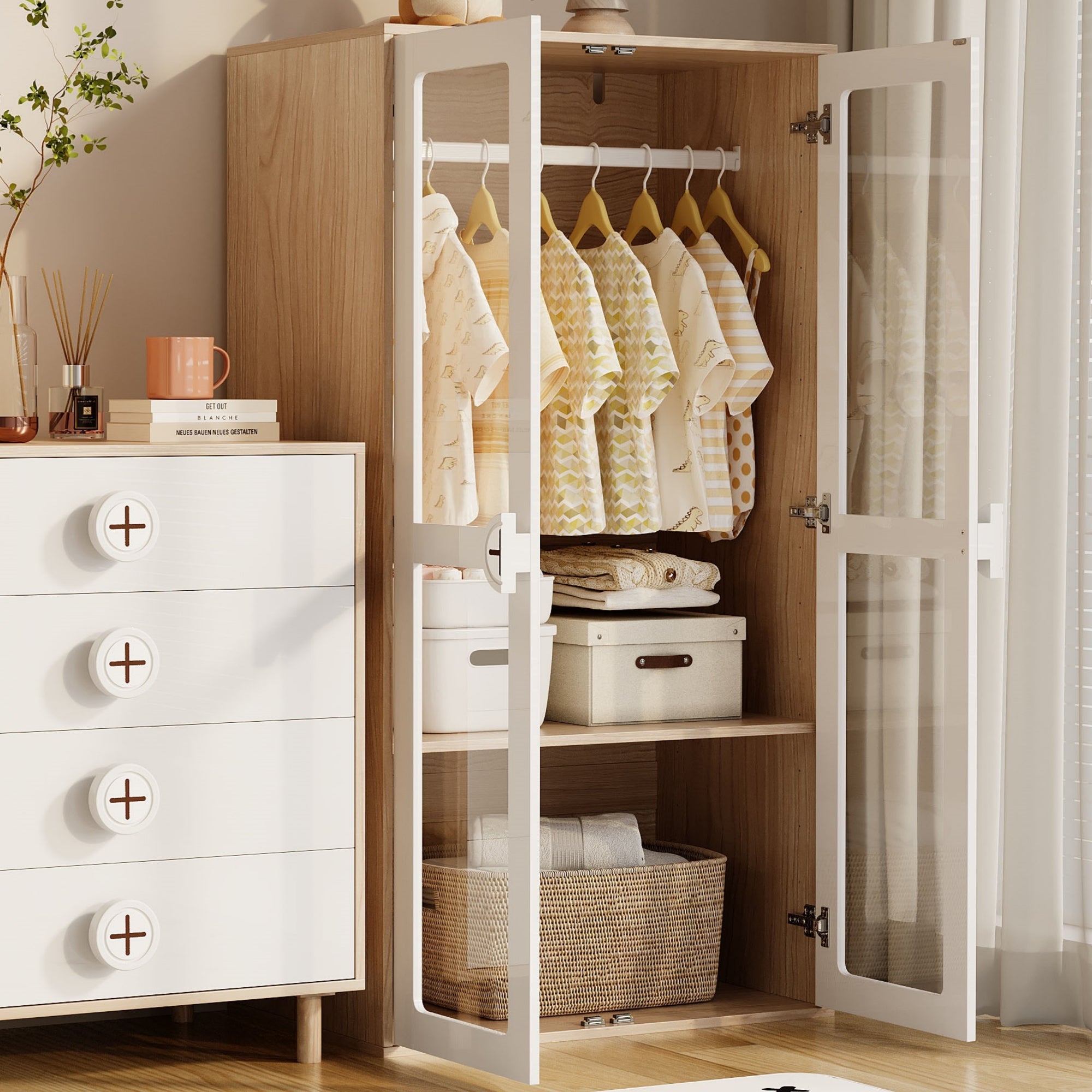 Logidon kinderkledingkast met glazen fronten, 80x50x150 cm, wit hout
