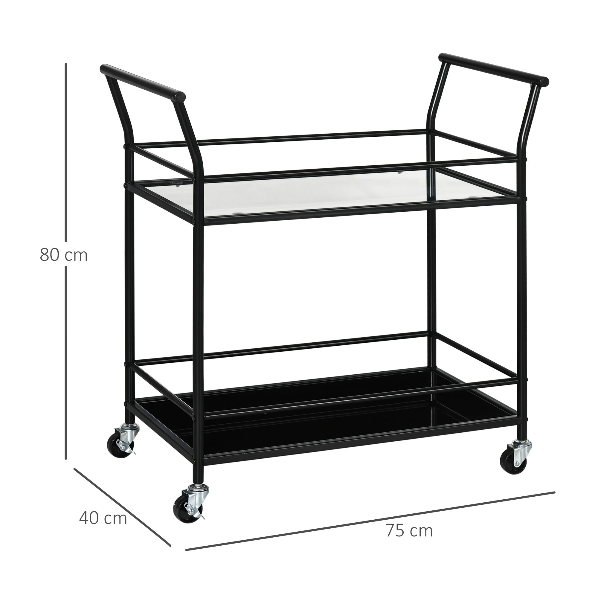 Logidon keukentrolley serveerwagen met glazen planken zwart 75x40x80 cm