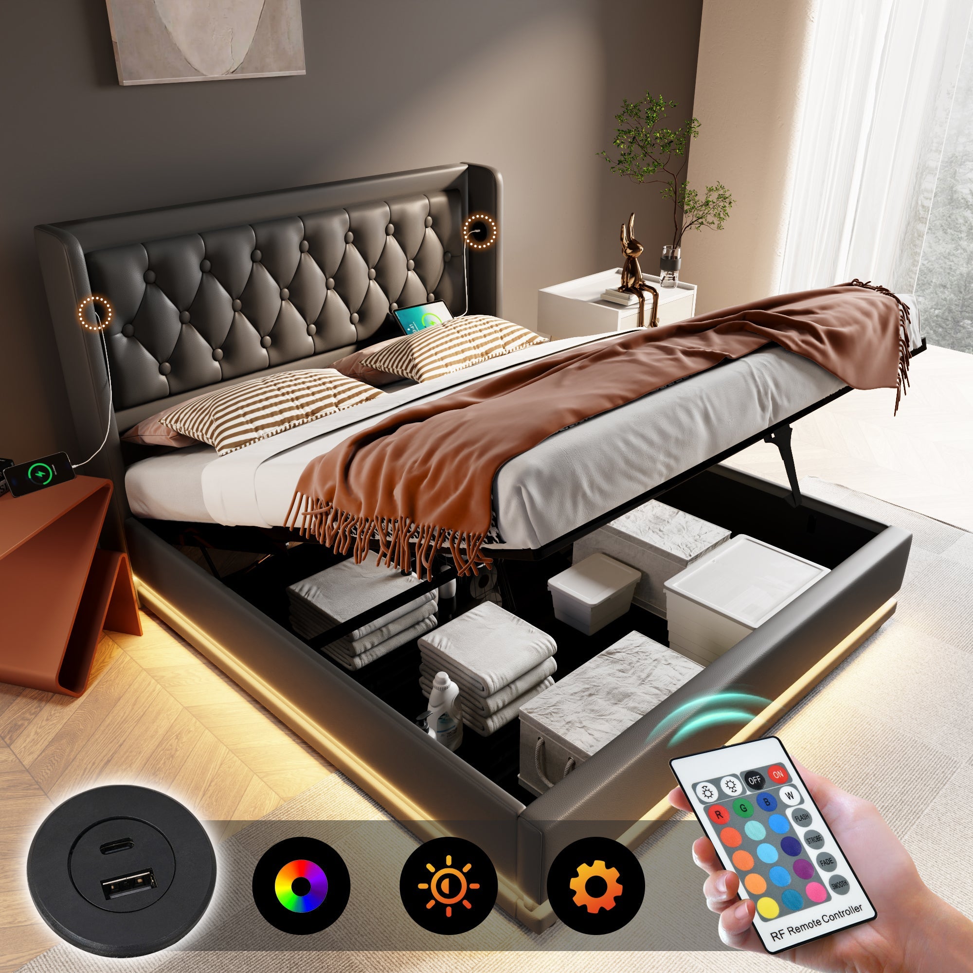 Logidon gestoffeerd bed 140x200 cm zwart PU met opbergruimte USB-C LED