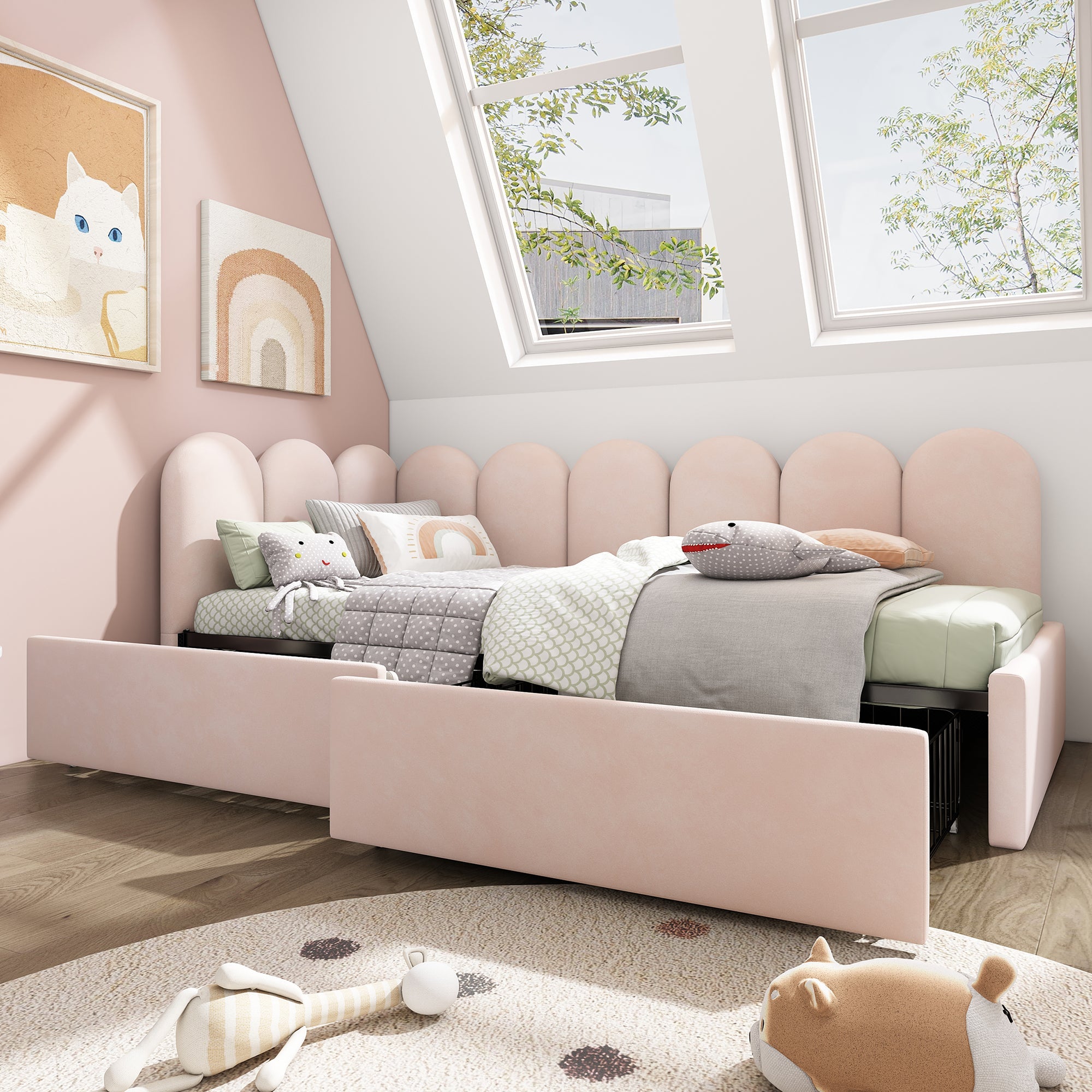 Logidon gestoffeerd bed 90x200 roze fluweel dagbed met lades