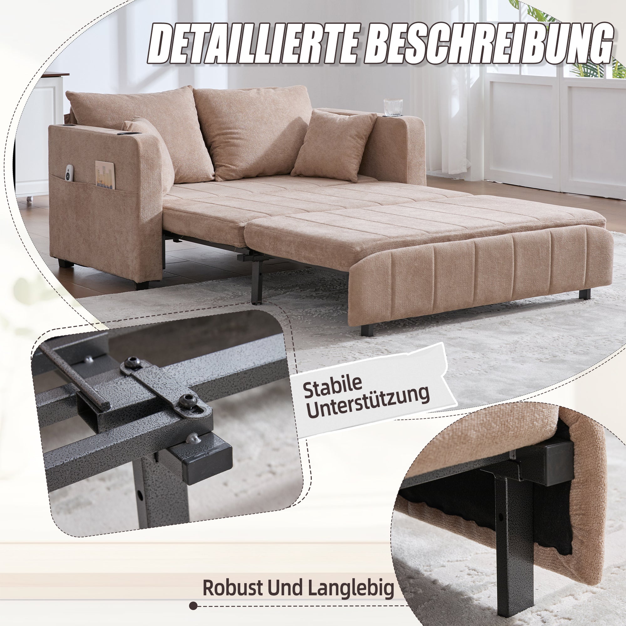 Logidon multifunctionele stoffen bank Khaki Velvet met USB-oplaadfunctie
