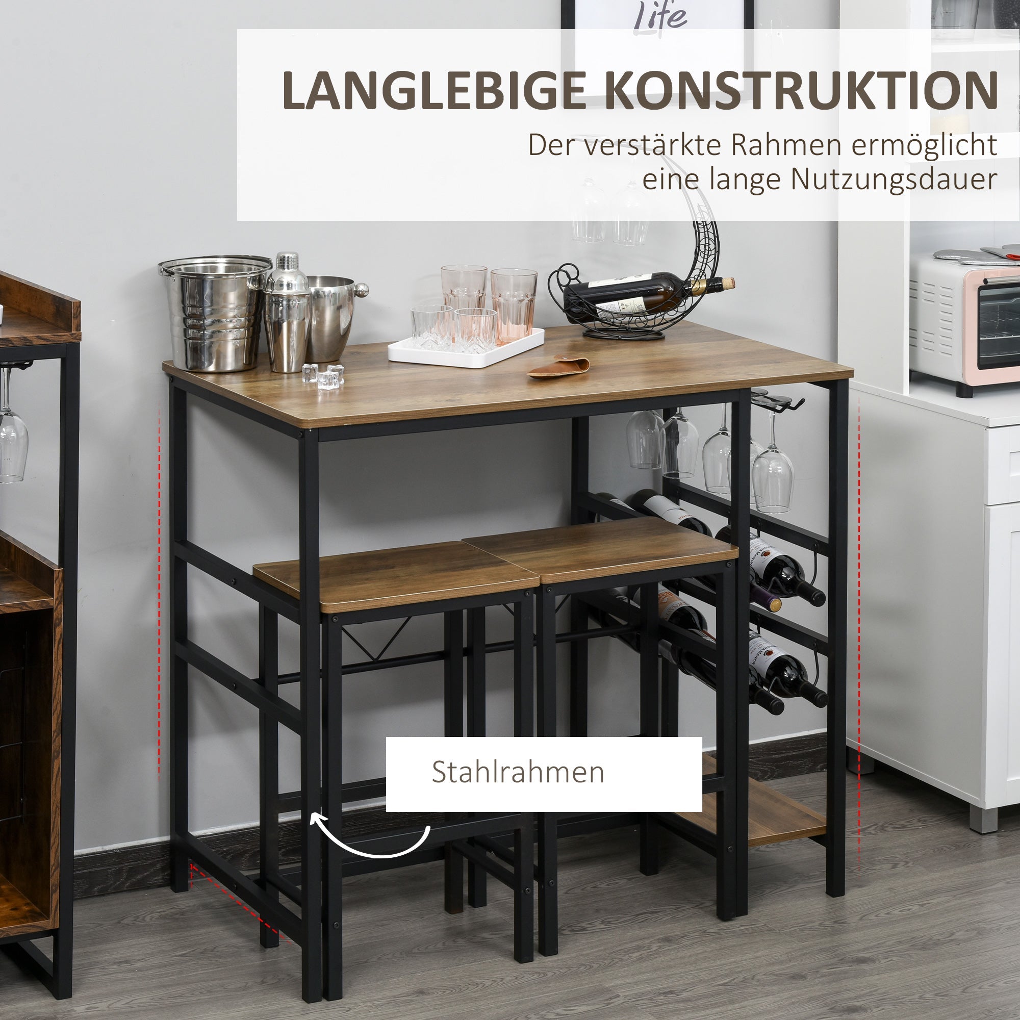 Logidon Bar Table Set 3 Pieces Natural Wood and Black 108x60x95 cm