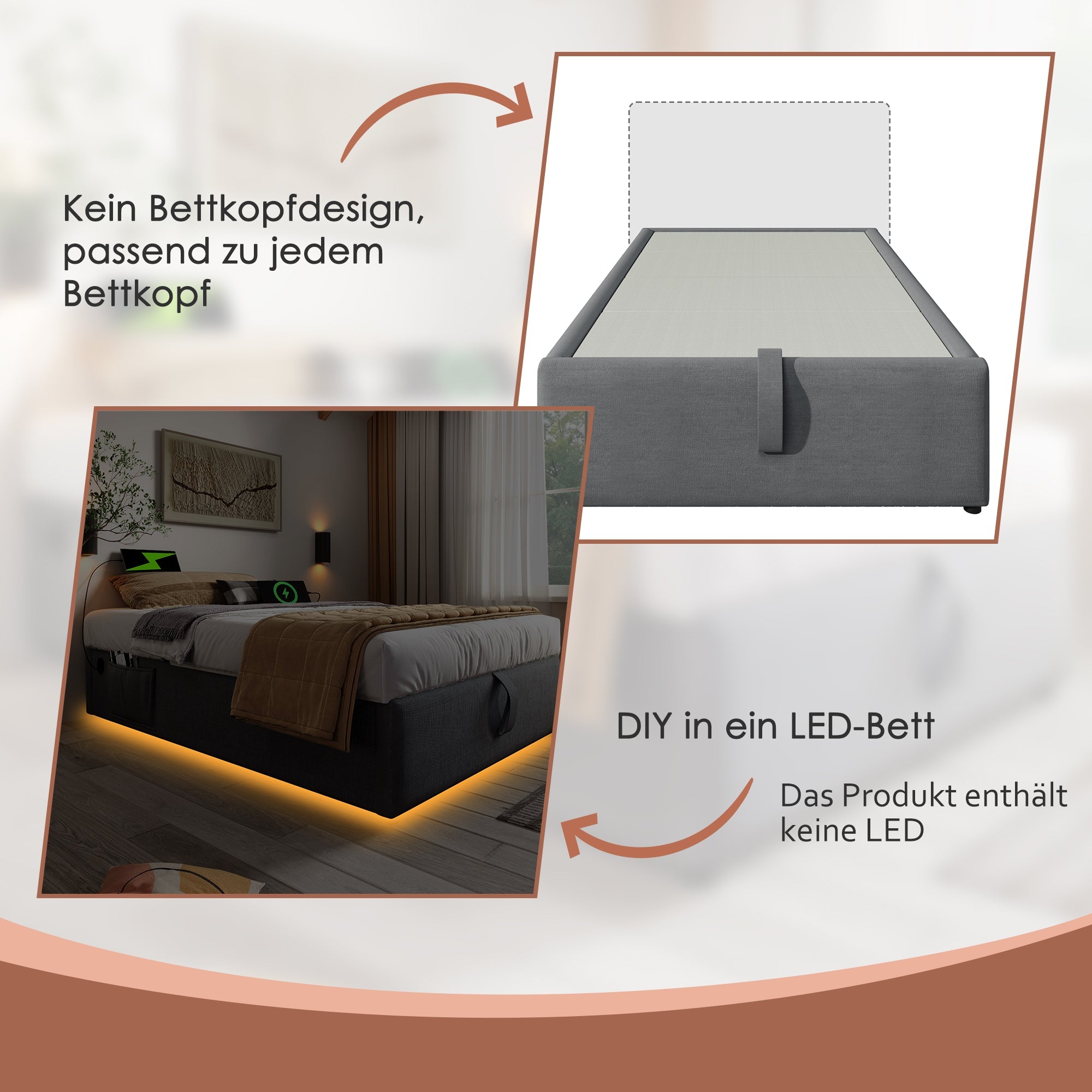 Logidon gestoffeerd bed 90x200 cm grijs met USB-C oplaadfunctie zonder hoofdeinde
