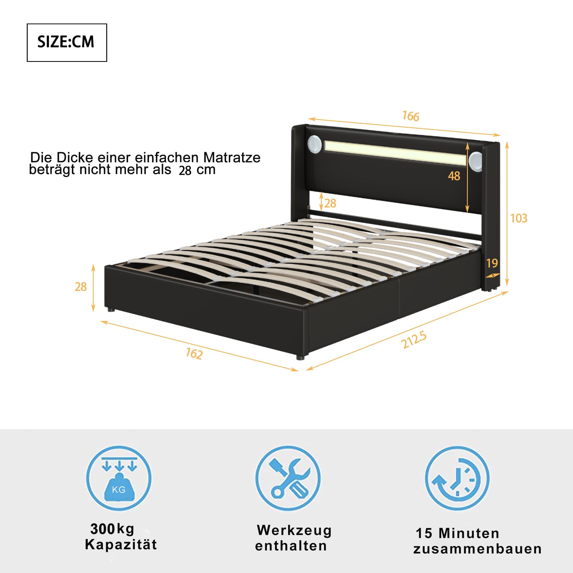 Logidon gestoffeerd bed 160x200 zwart met LED lichtstrip USB opladen