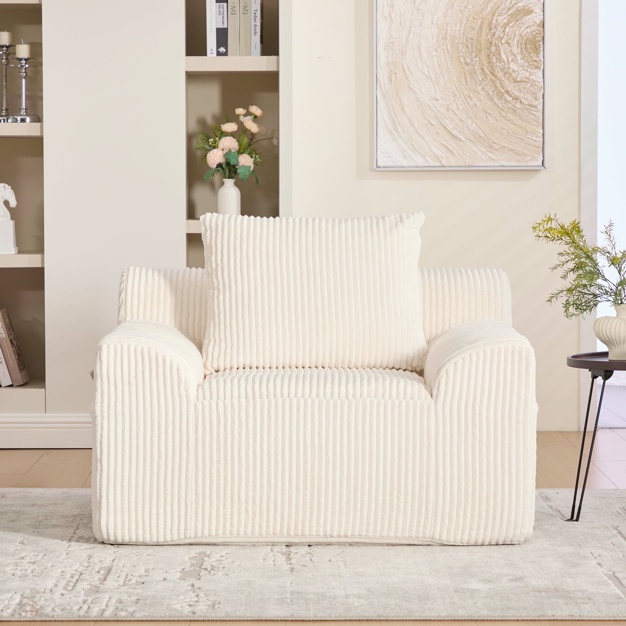 Logidon Oversized Corduroy Velvet Armchair Beige with Footstool and Cushion