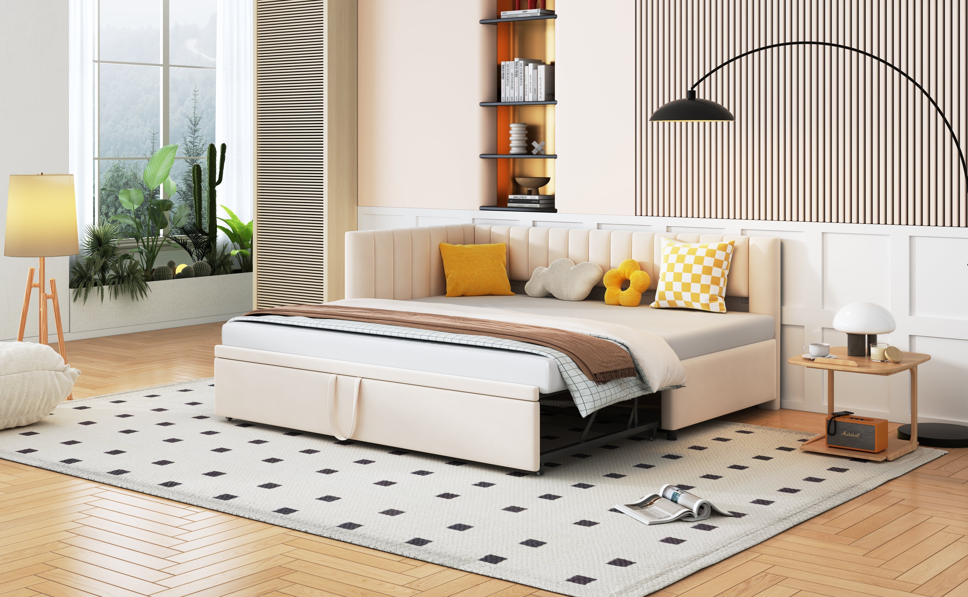 Logidon sofa bed L-shape beige velvet pull-out bed 90/180x200