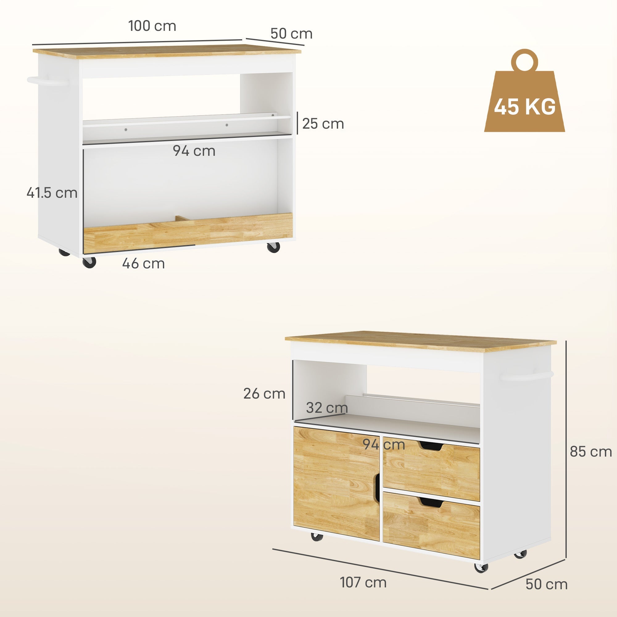 Logidon keukenwagen eiken met werkblad SoftClose 107x50x85 cm