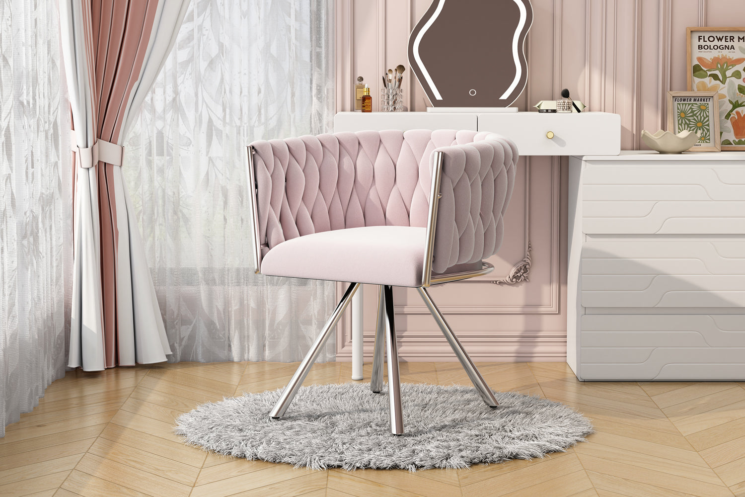 Logidon Fluweel Kapstoel Roze Luxe Draaistoel Met Metalen Frame