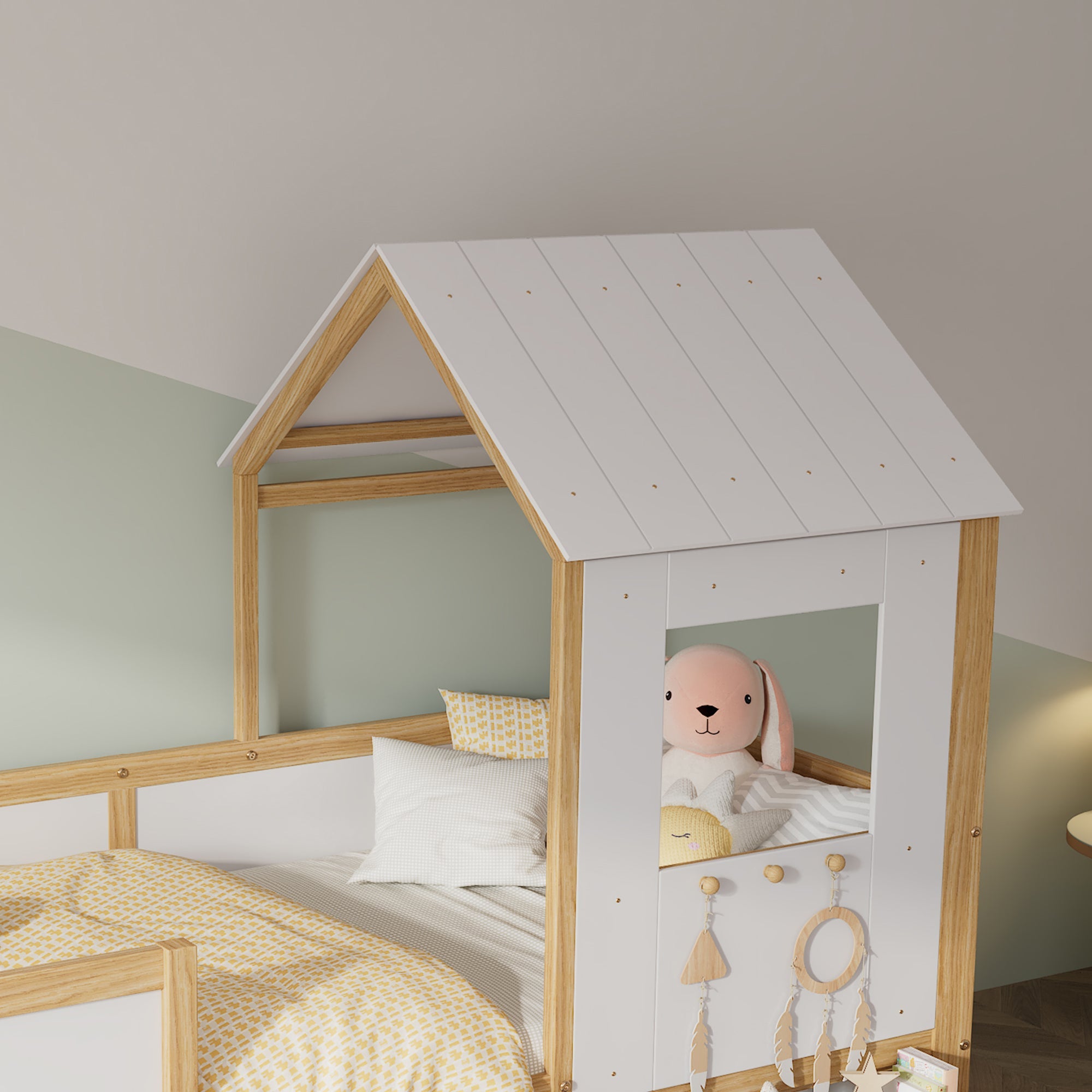Logidon halfhoog huisbed 90x200 wit naturel met dak