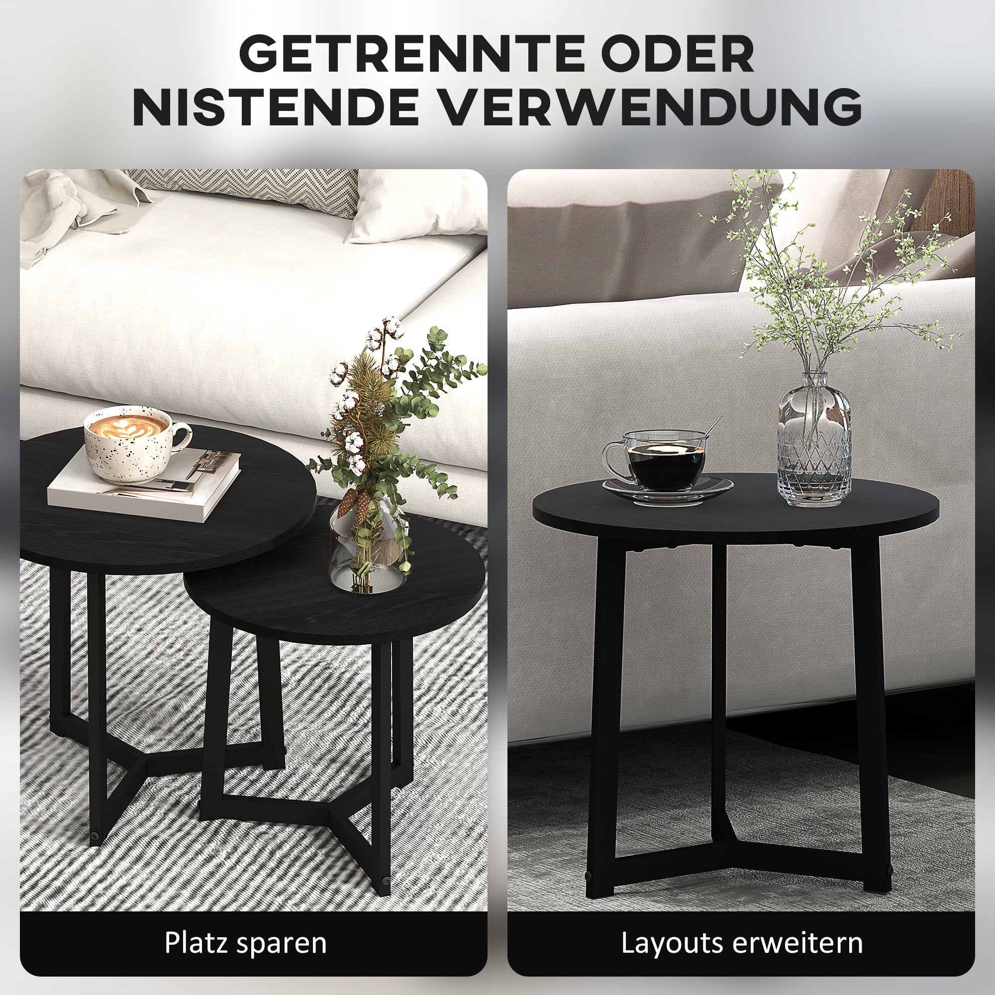 Logidon Set van 2 ronde salontafels Zwart staal MDF