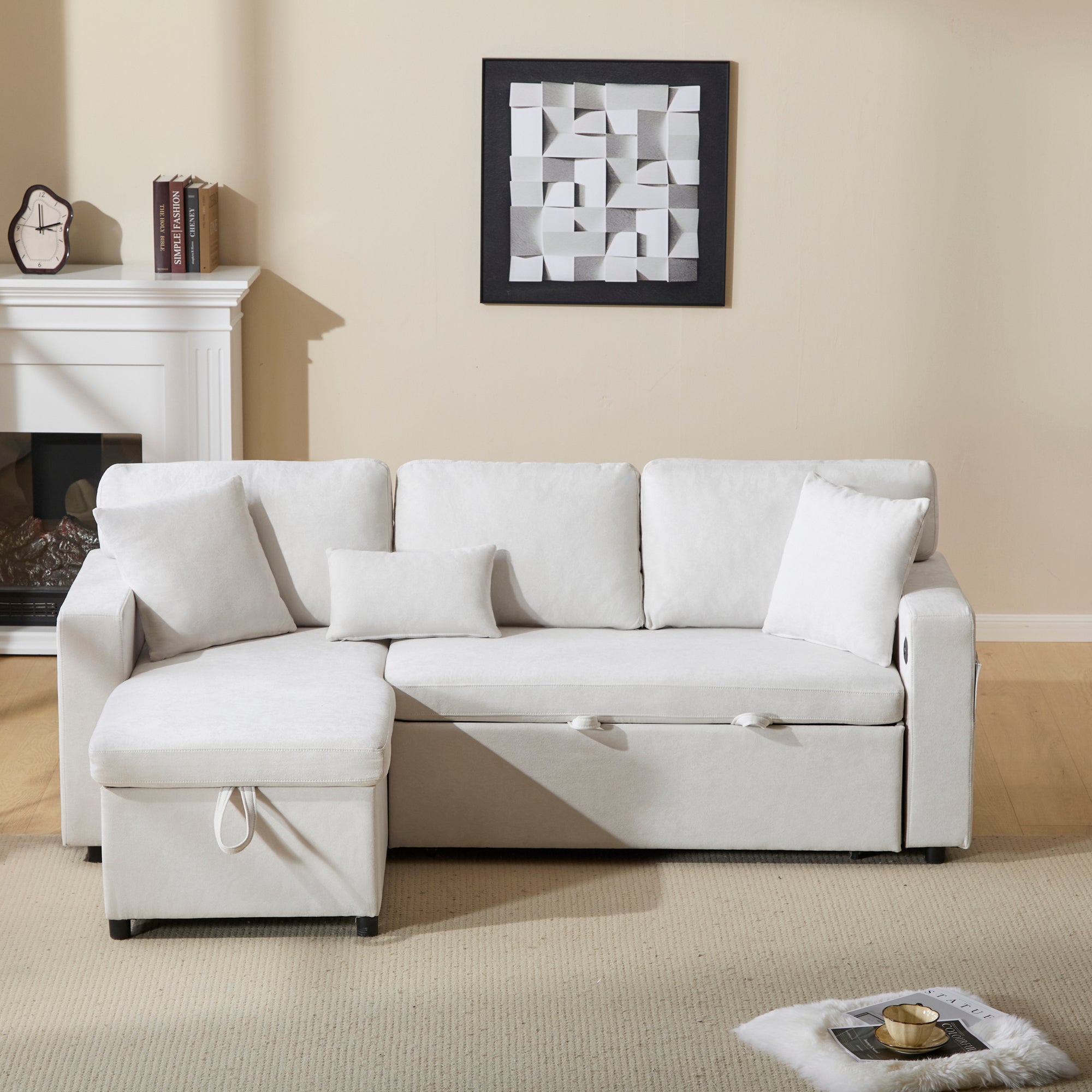 Logidon corner sofa bed L-shape extendable beige with bed box shelf