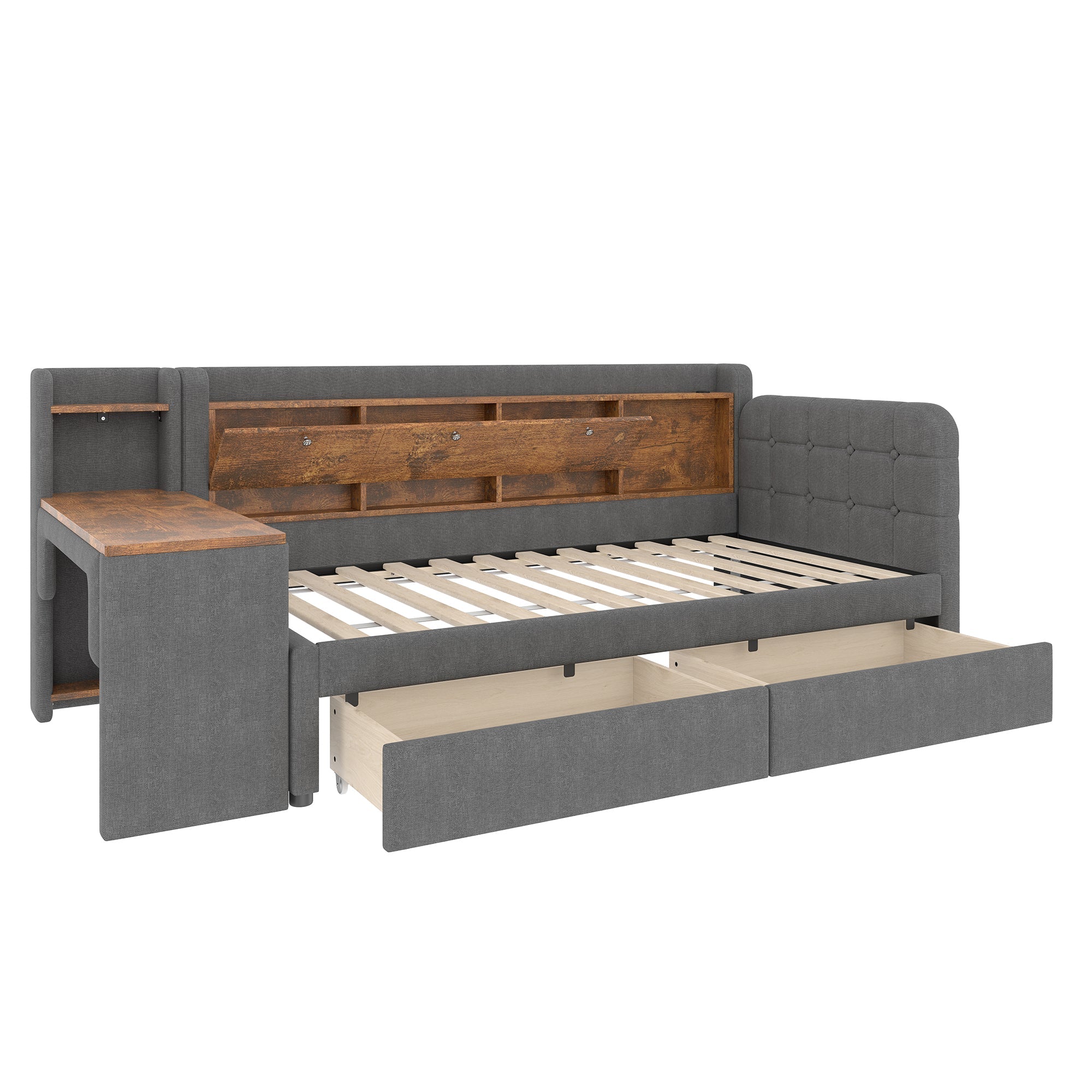 Logidon Daybed 90x200 cm slaapbank met bureau grijs USB Type C