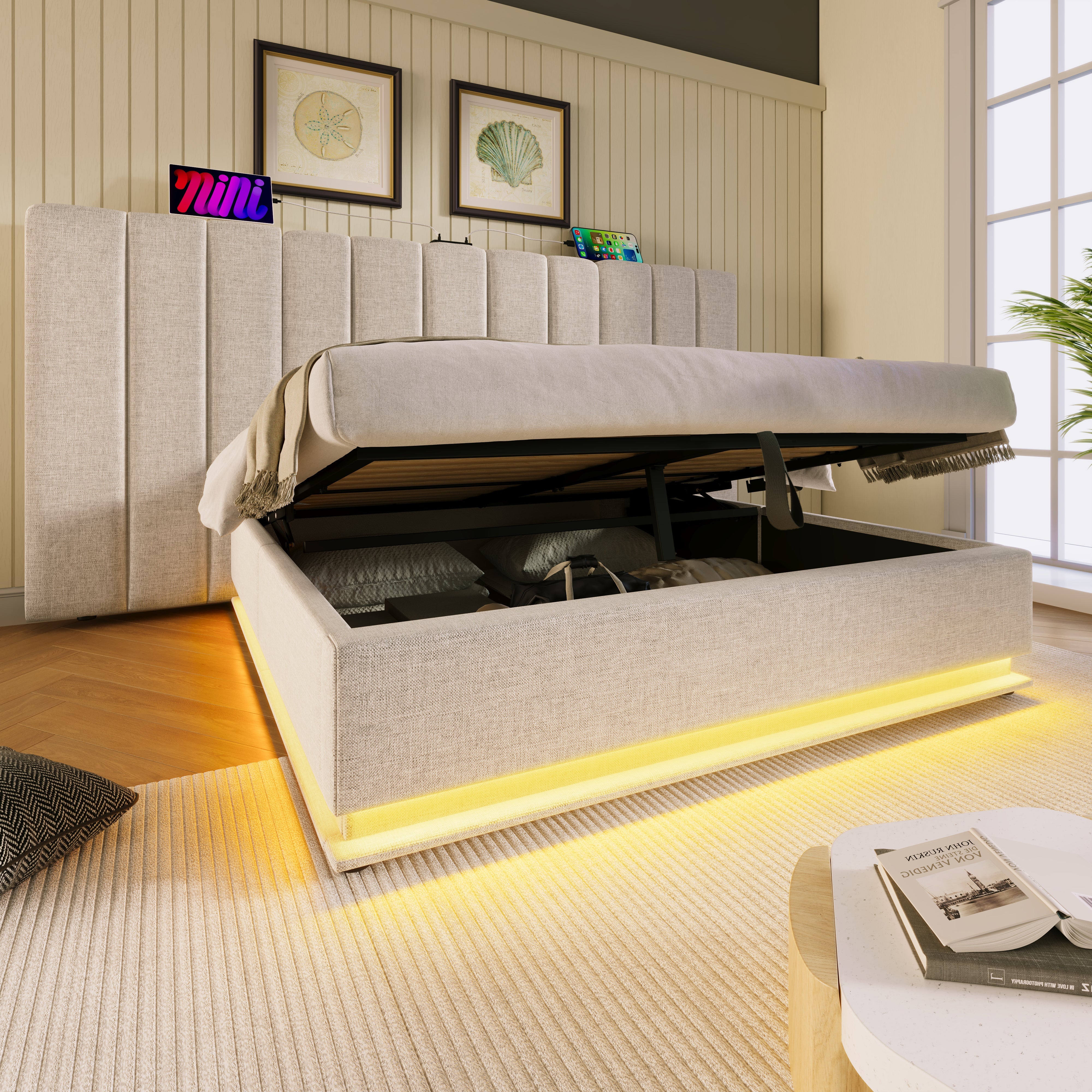 Logidon gestoffeerd bed 180x200 opbergruimte met LED USB oplaadfunctie beige