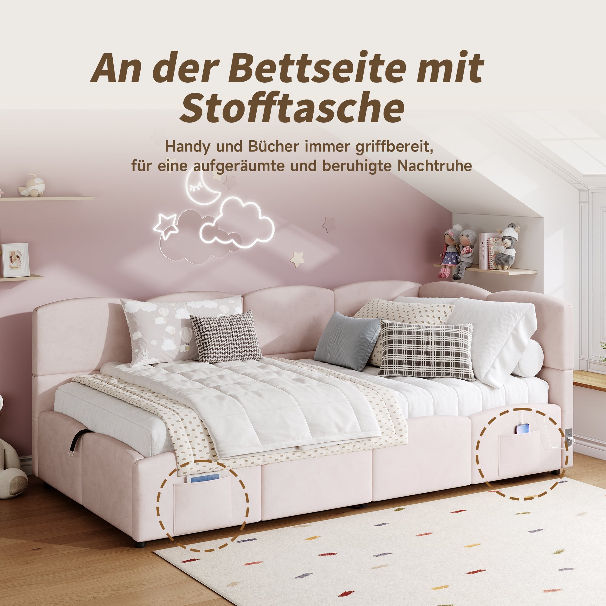 Logidon fluweel gestoffeerd bed roze 90x200 met lattenbodem en opbergruimte