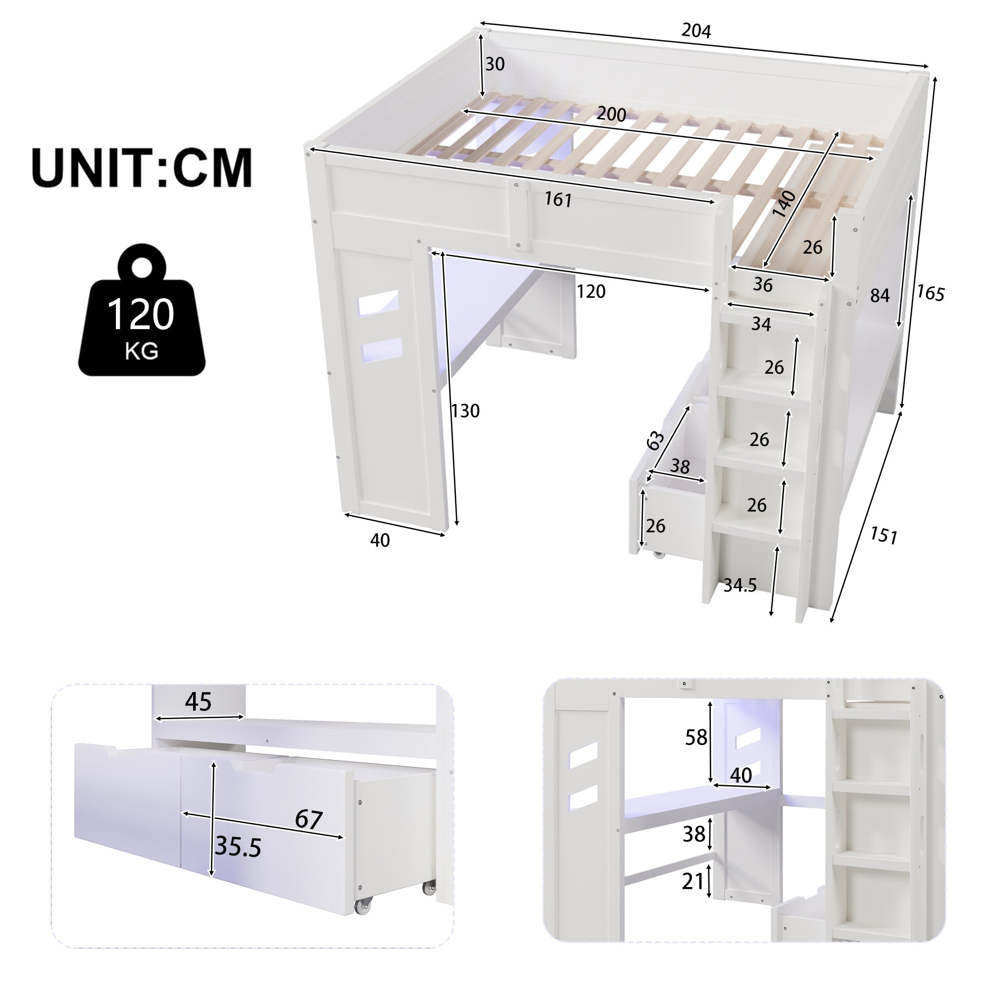 Logidon hoogslaper 140x200 cm wit gamingbed met bureau LED