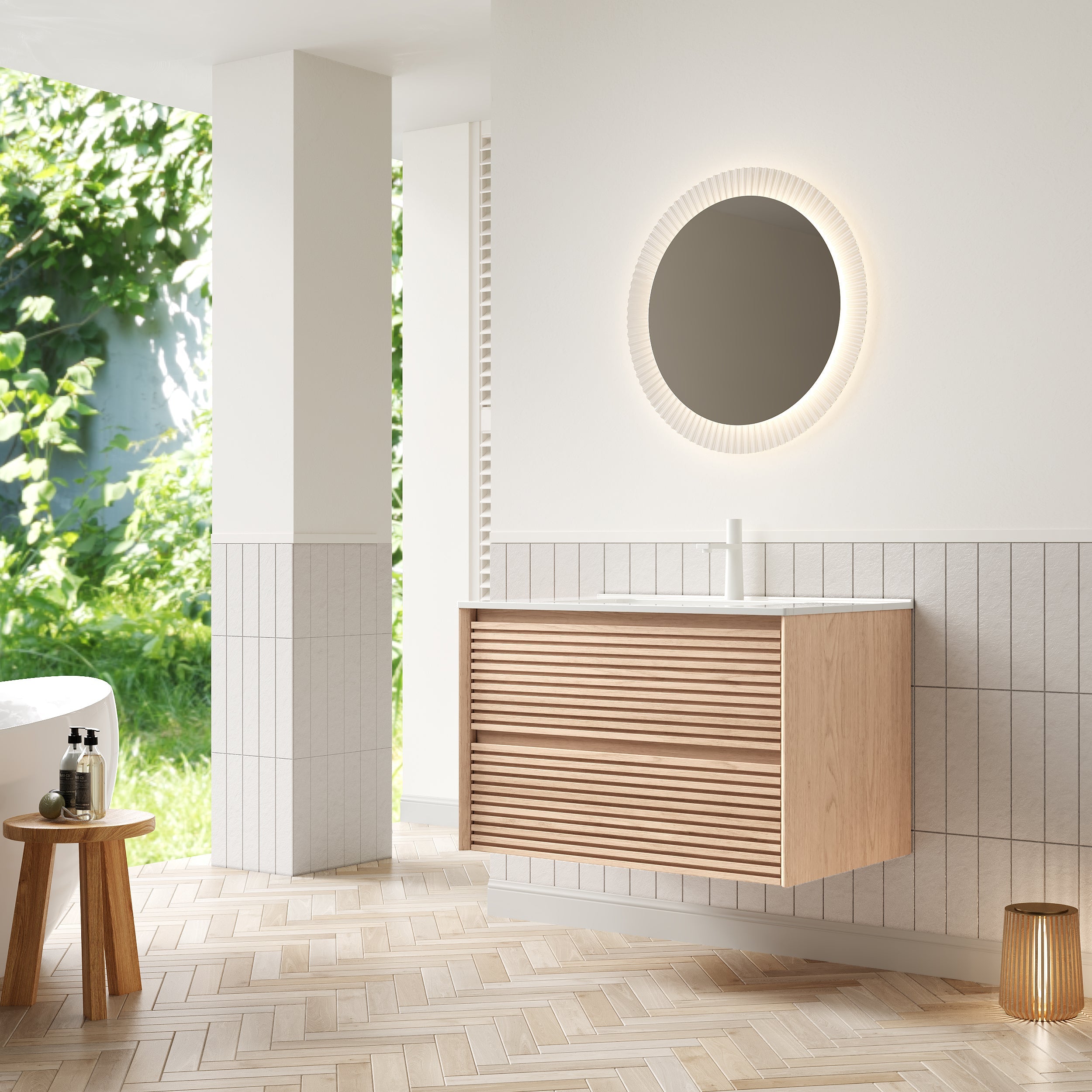 Logidon 81 cm wall-mounted washbasin with white ceramic base walnut