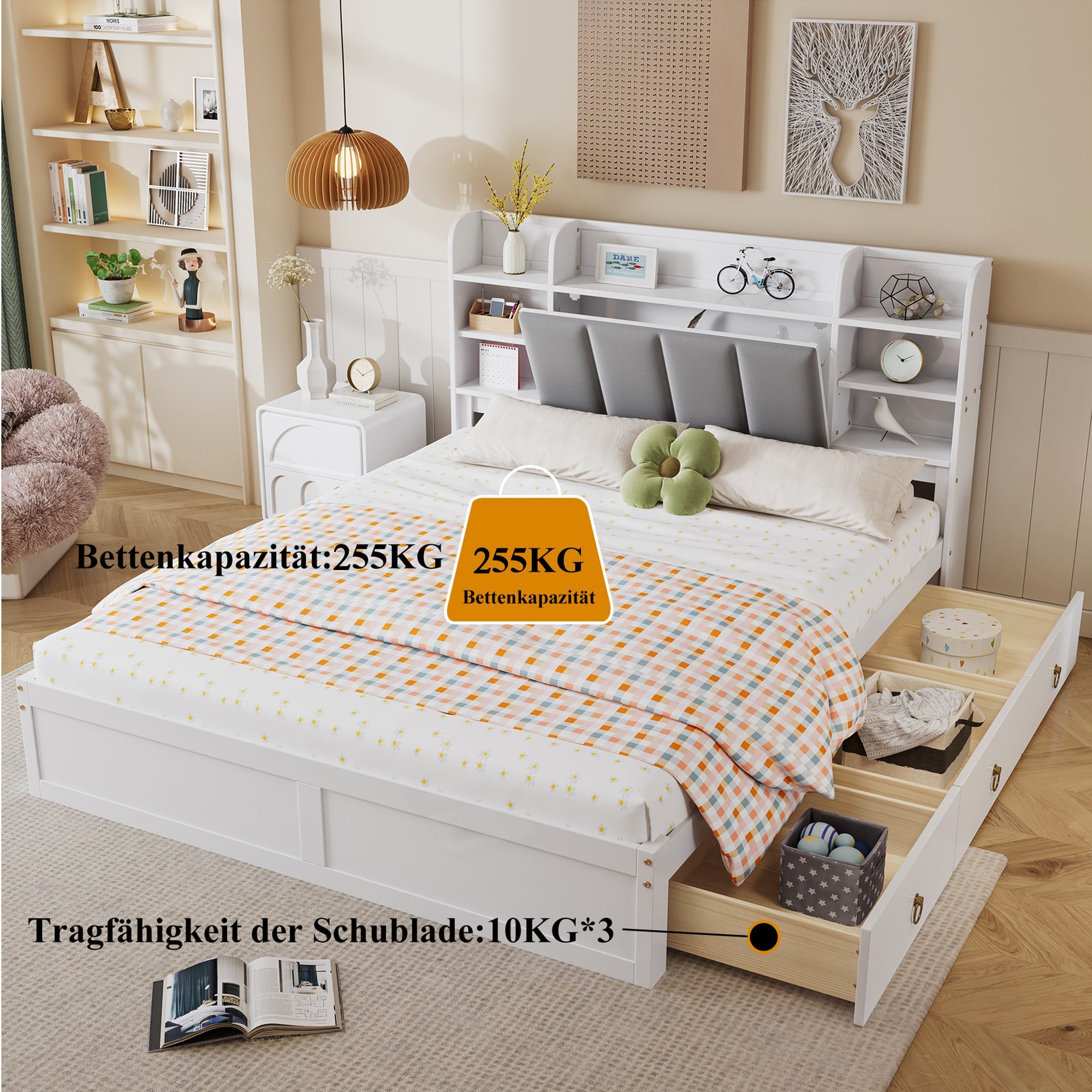Logidon tweepersoonsbed 160x200 witgrijs, open plank en drie lades