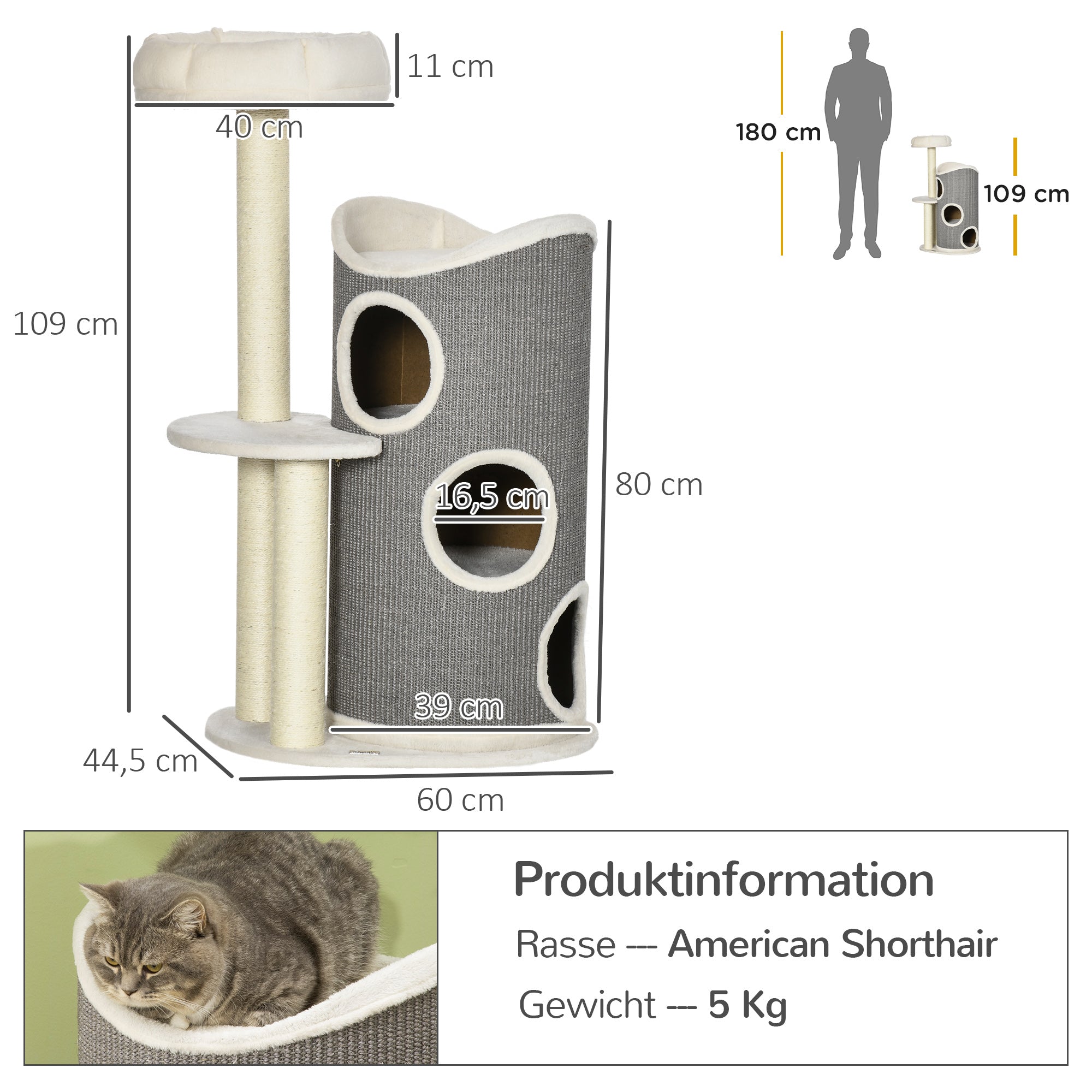 Logidon Krabpaal 109 cm Wit Grijs met Krabton en Kattenmand