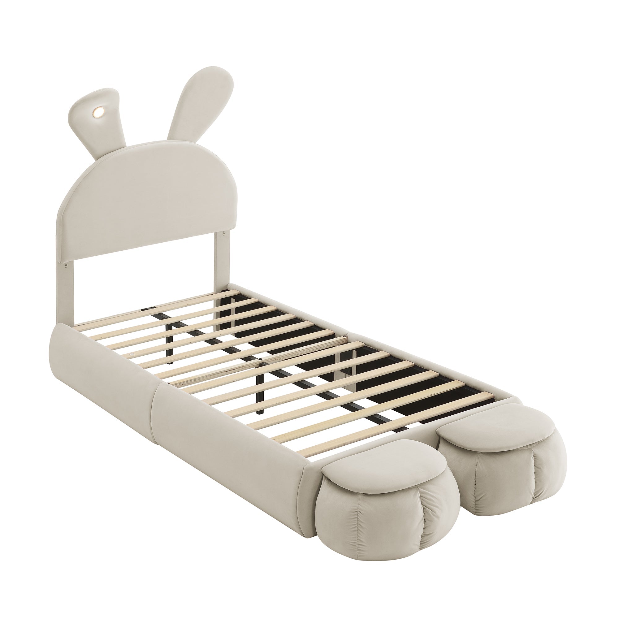 Logidon gestoffeerd bed 90x200 beige fluwelen opbergkruk met konijnenoren