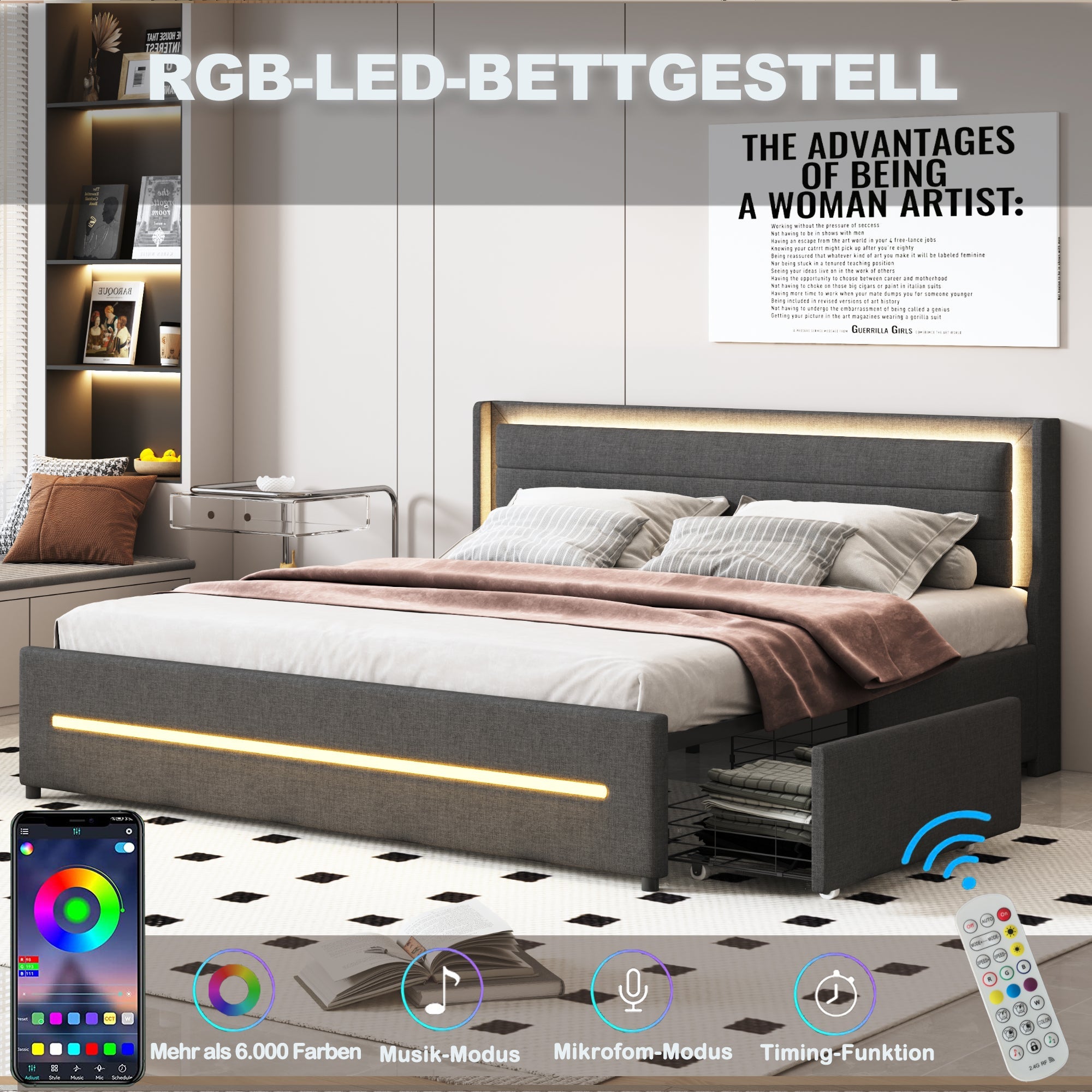Logidon gestoffeerd bed 180x200 met LED verlichting en 4 opbergvakken grijs