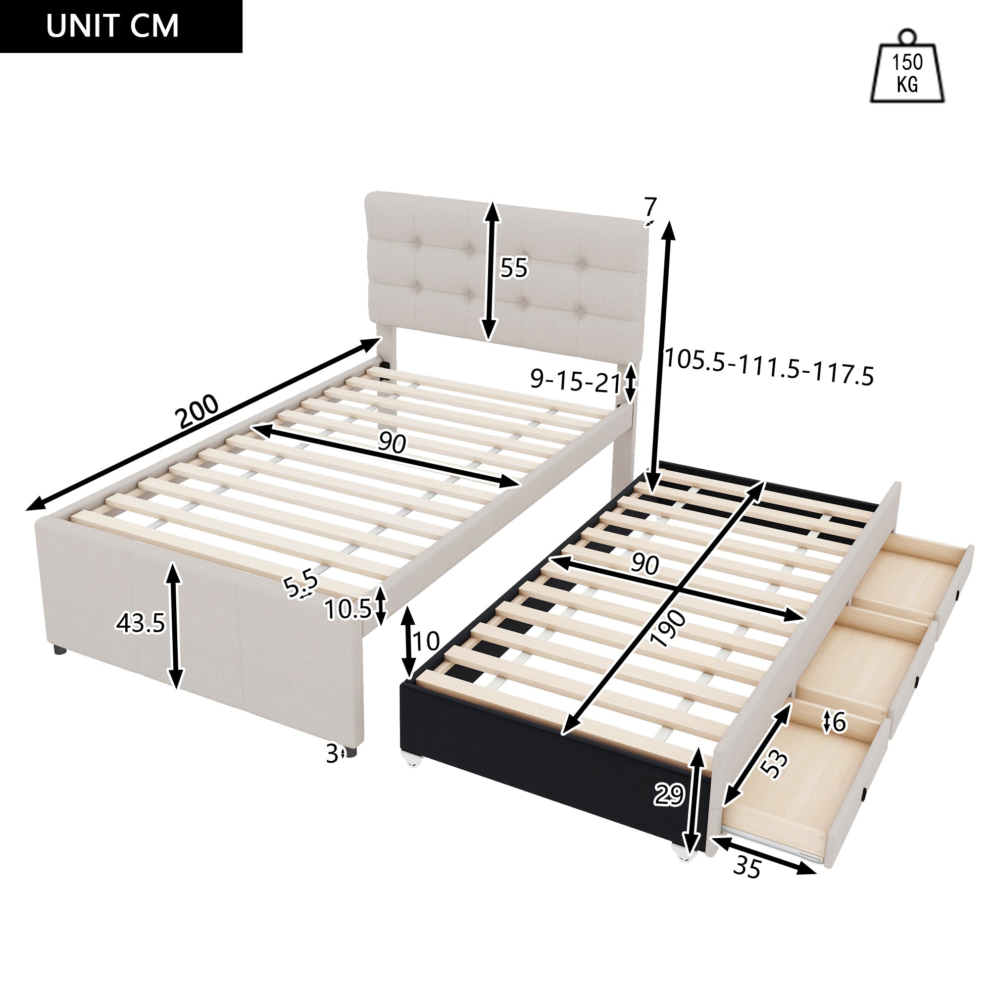 Logidon gestoffeerd bed 90x200 beige uitschuifbaar onderschuifbed 3 lades
