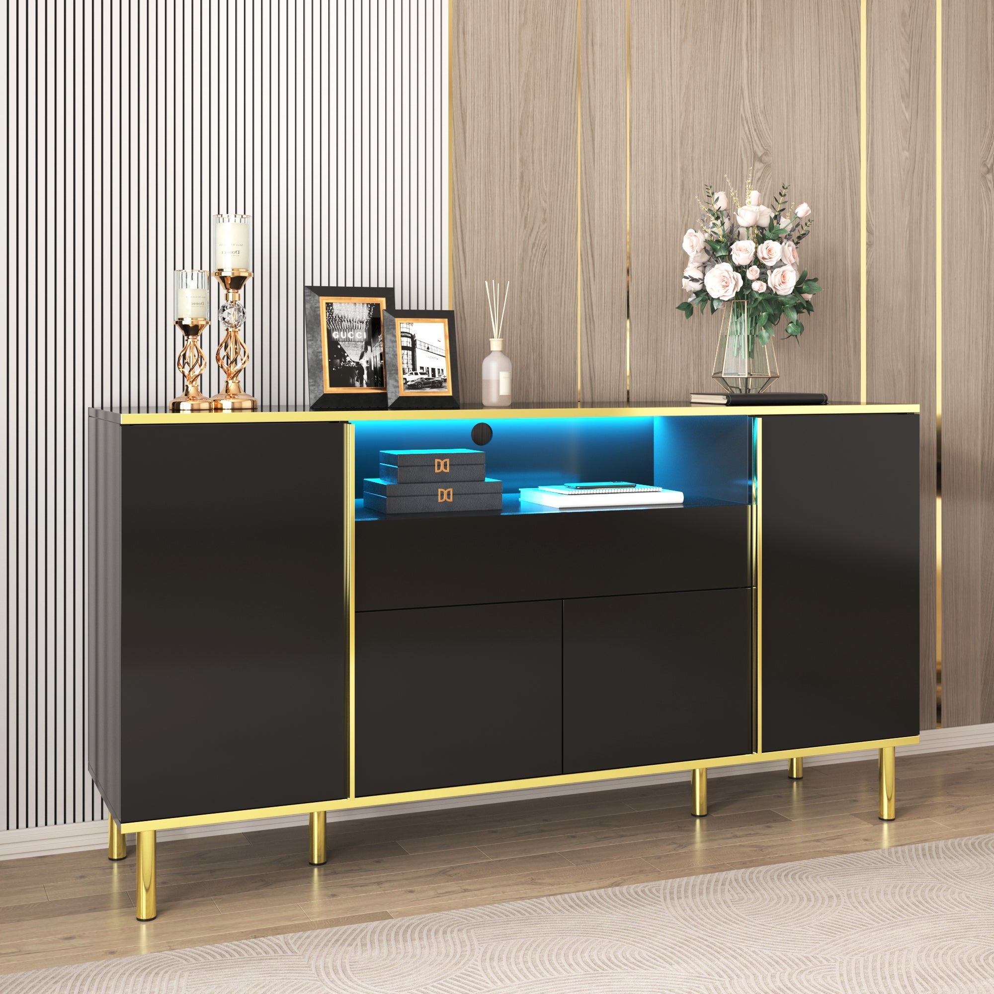 Logidon high-gloss sideboard black 150x40x80 with LED accents