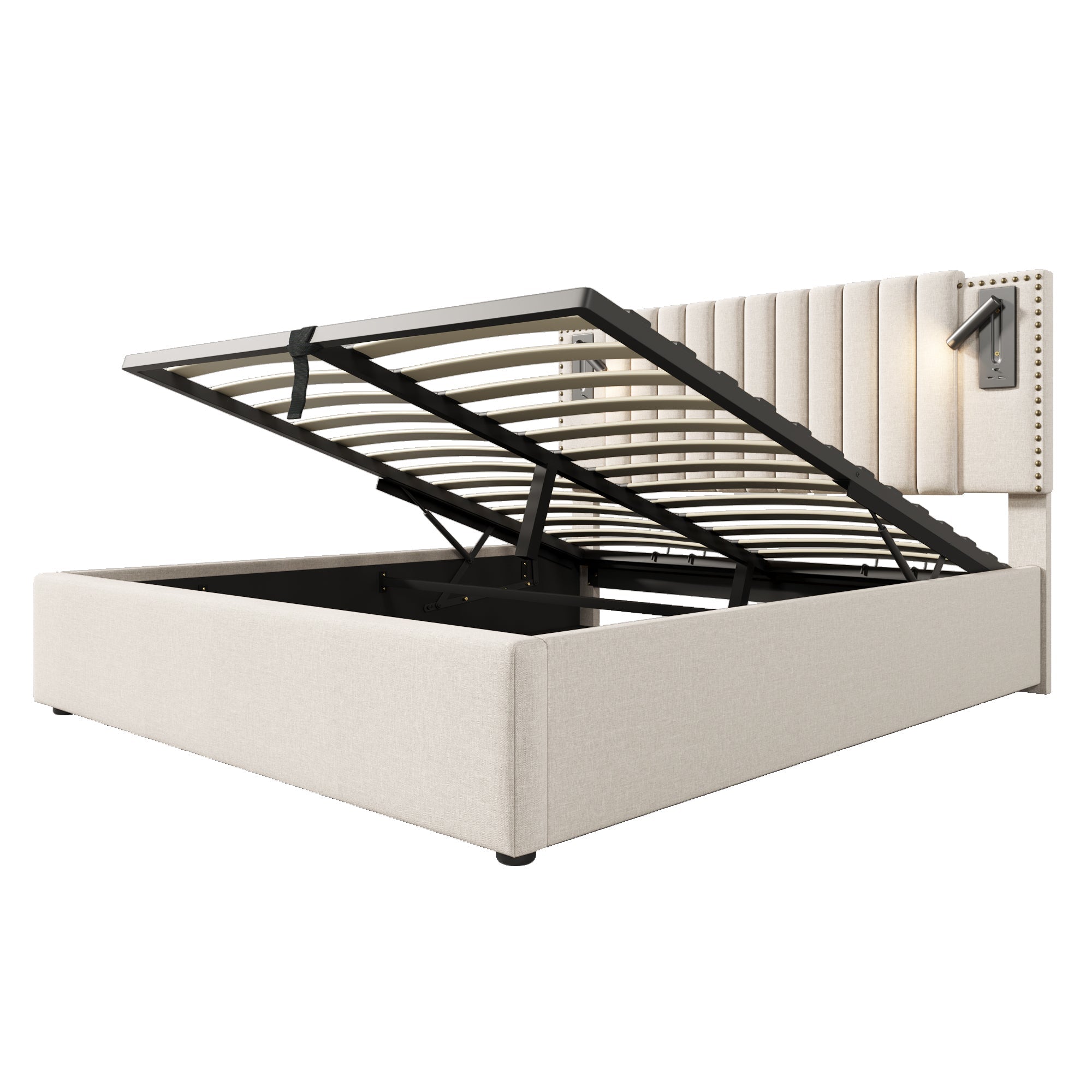 Logidon gestoffeerd bed 160x200 beige met opbergruimte en USB-leeslamp