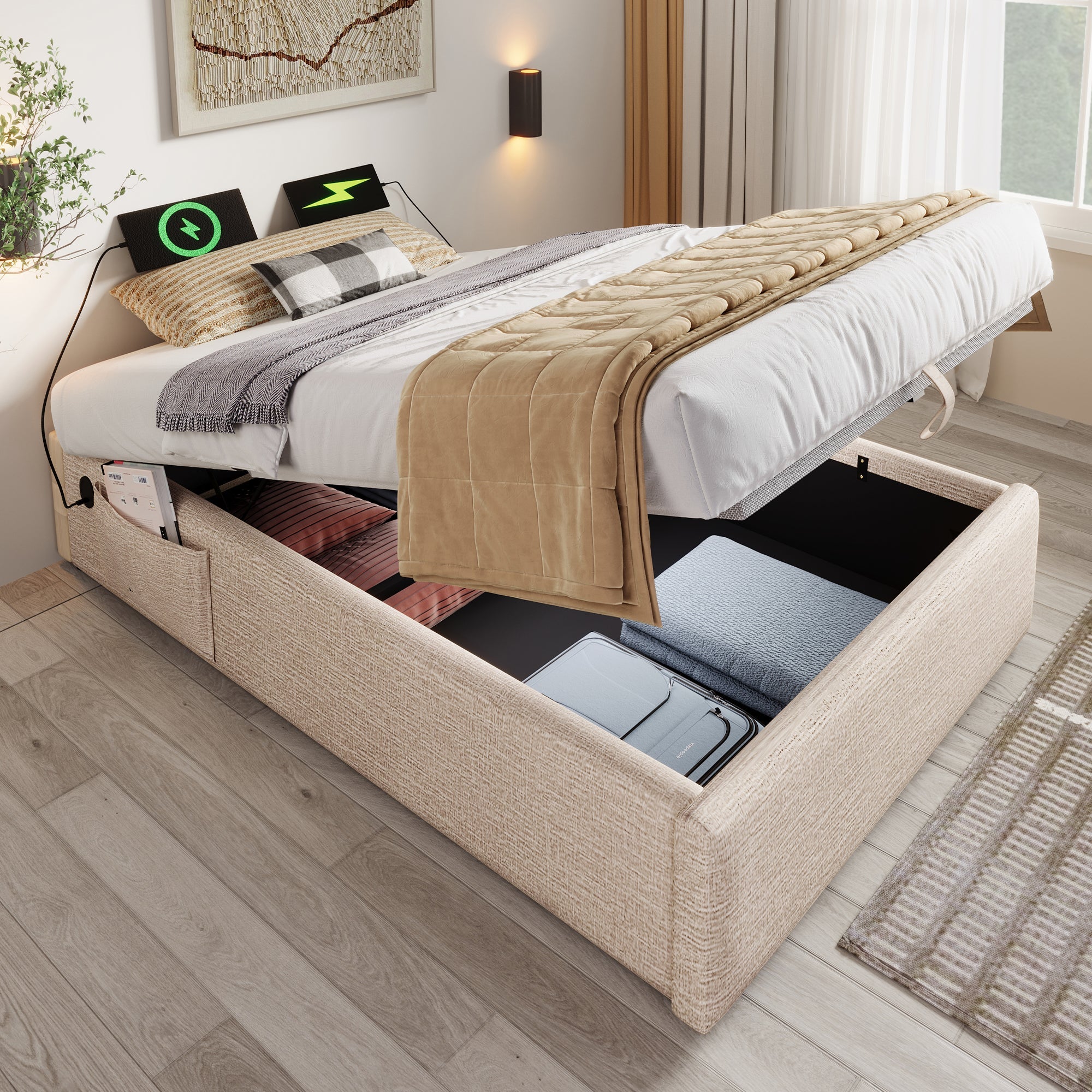 Logidon upholstered bed 90x190 beige USB C bed frame without headboard