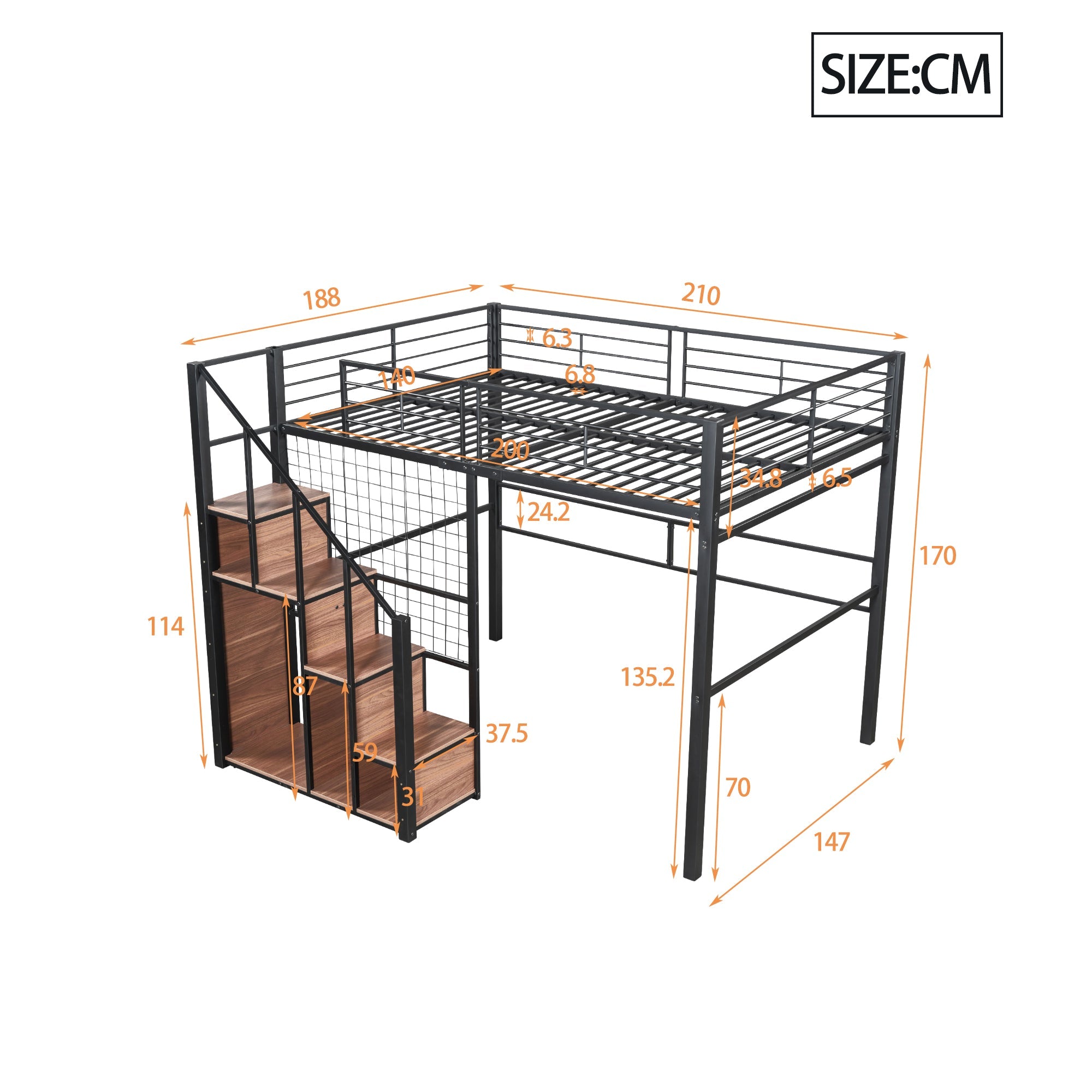 Logidon hoogslaper 140x200 met veiligheidsladder metalen frame zwart