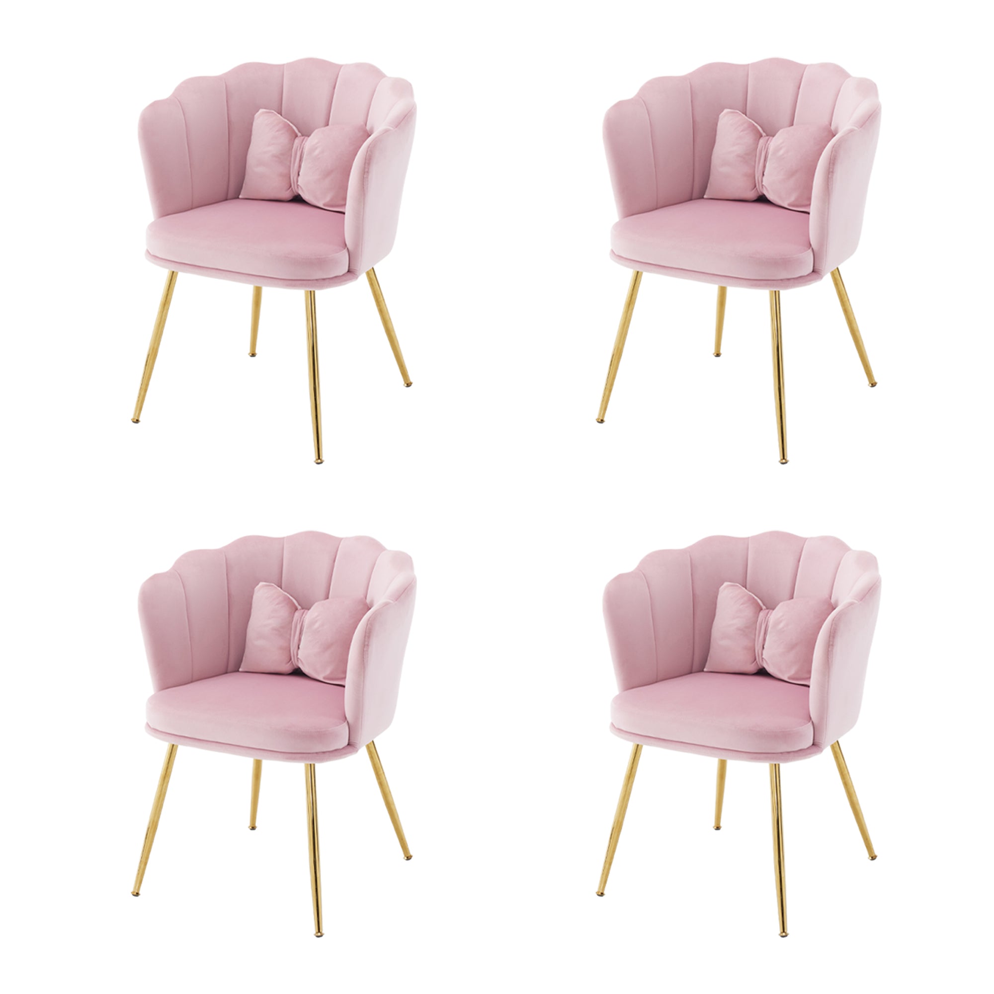 Logidon set van 4 roze fluwelen stoelen met bloemblaadjesruggen en gouden poten