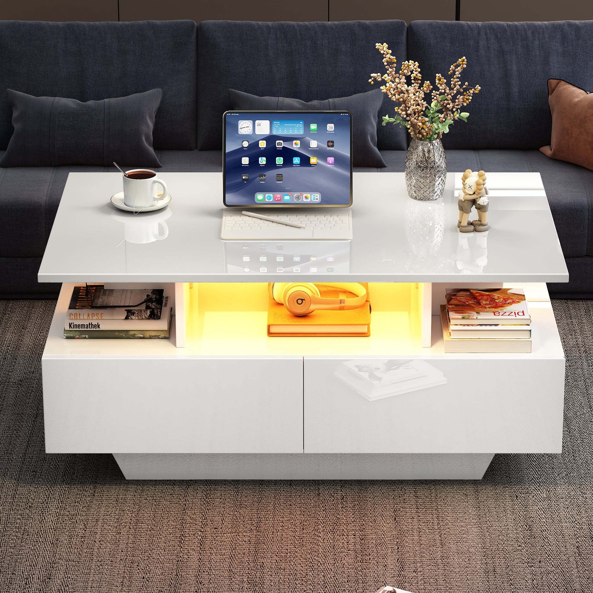 Logidon hoogglans salontafel LED, 2 lades, 90x55x41 cm wit